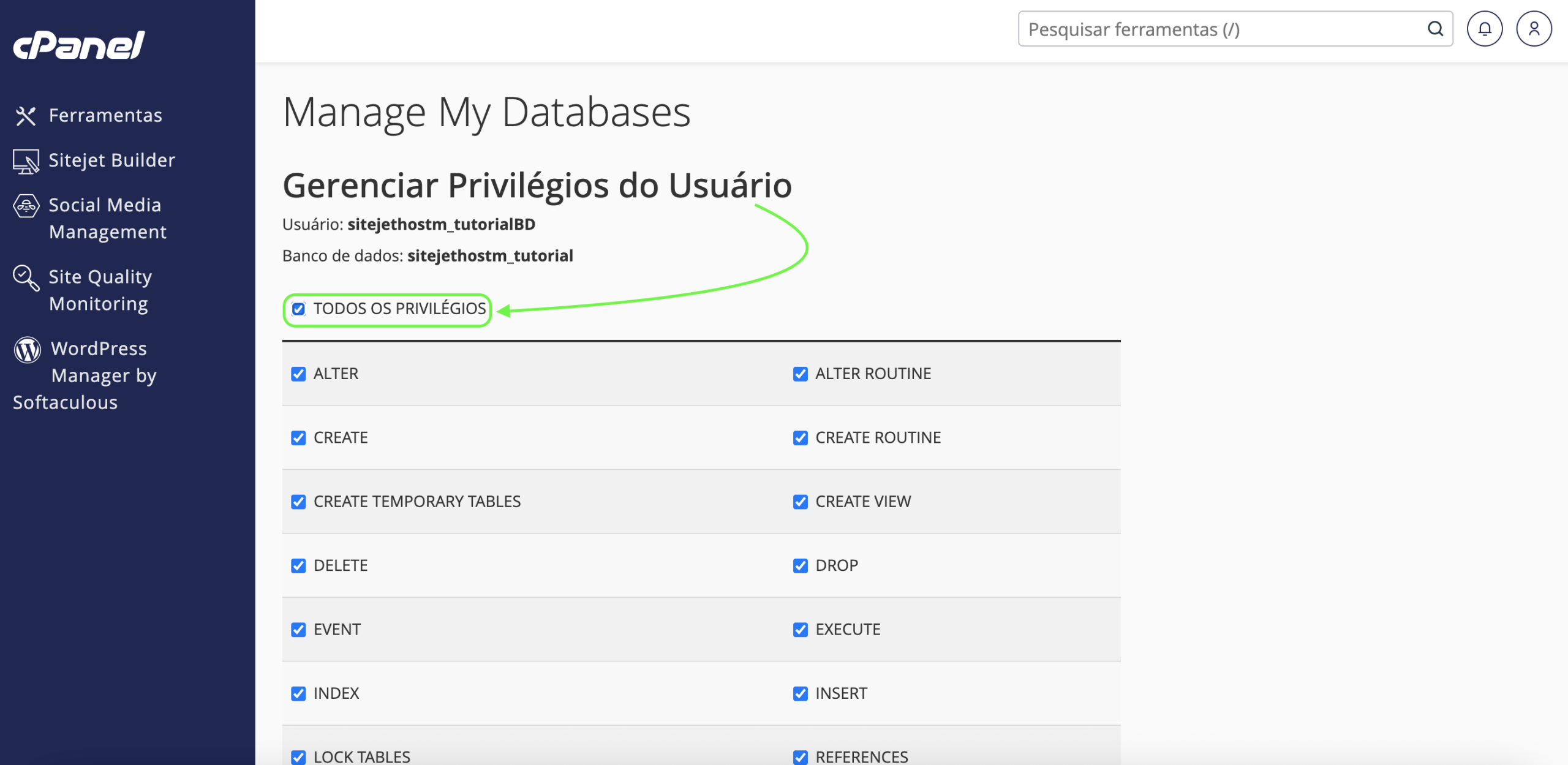 Representação da localização da opção "TODOS OS PRIVILÉGIOS"