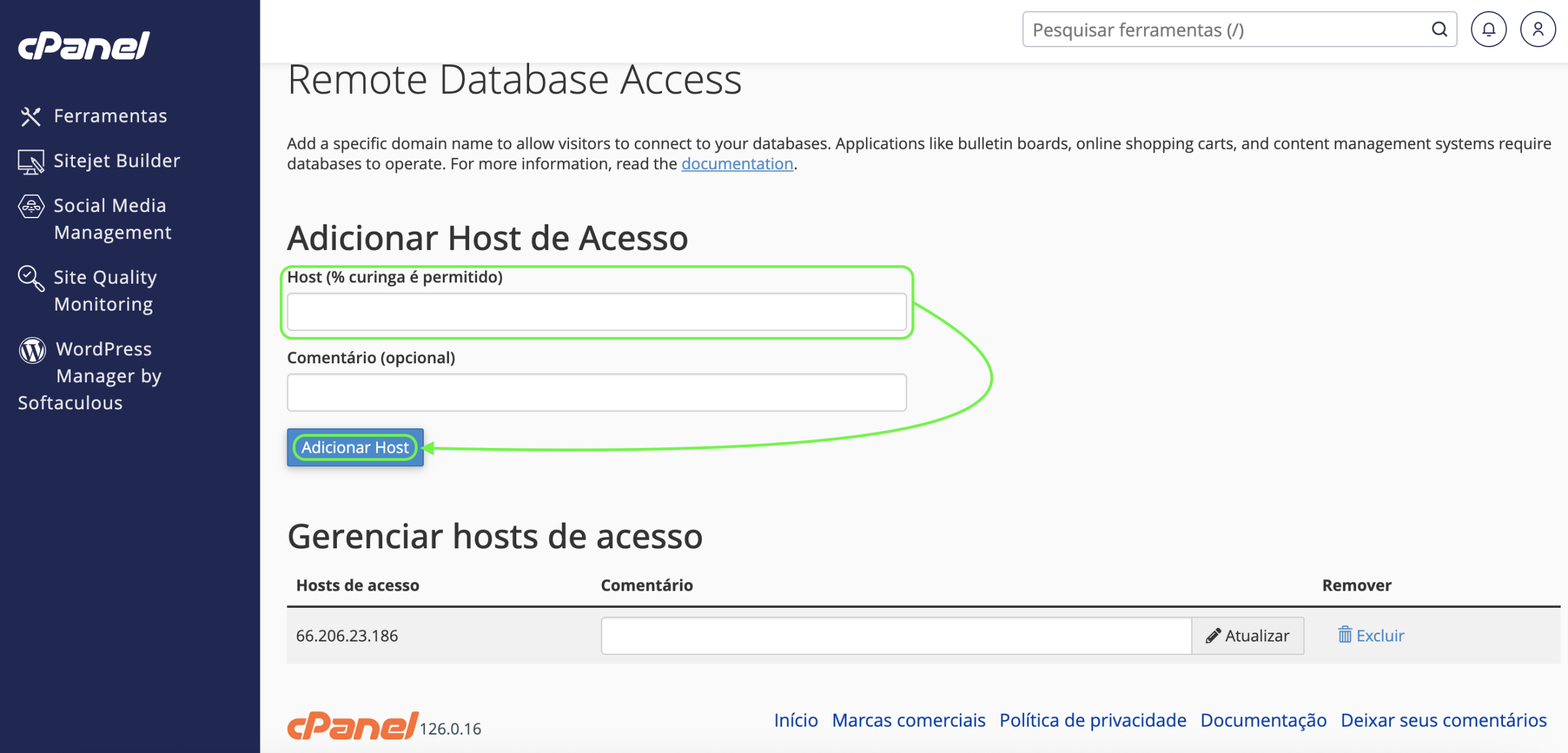Representação da localização do campo "Host" e da localização do botão "Adicionar Host"