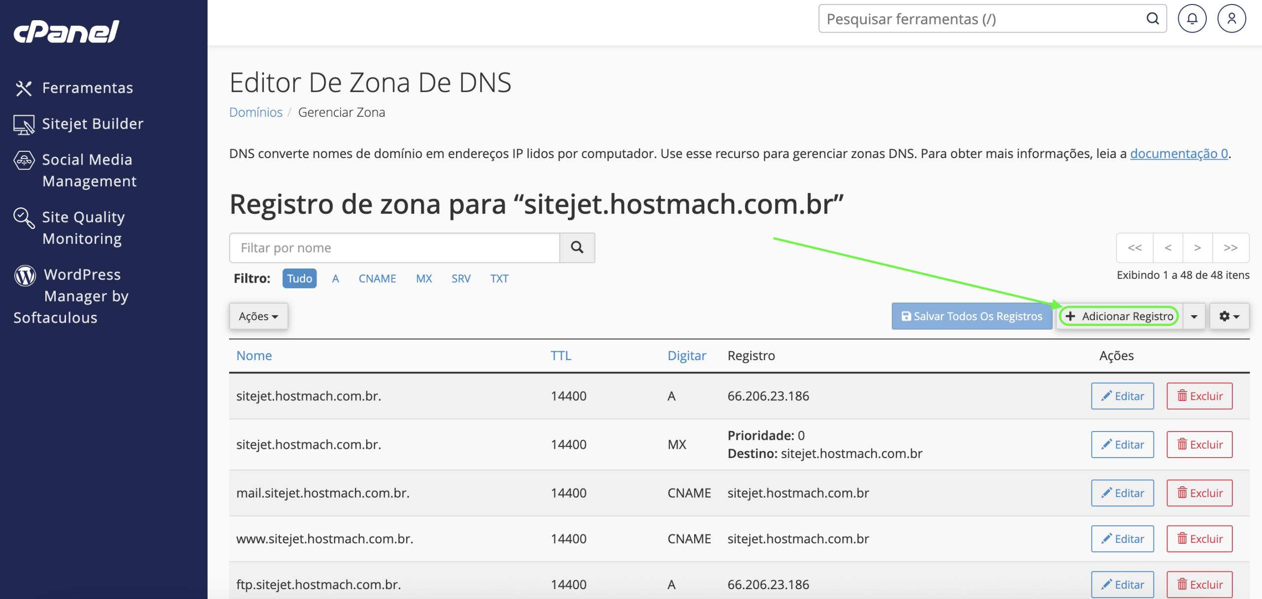 Representação da localização da opção "Adicionar registro"