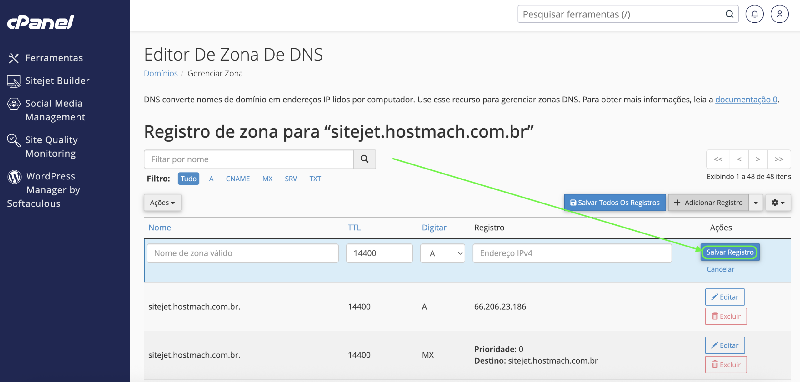 Representação da localização da opção "Salvar Registro"