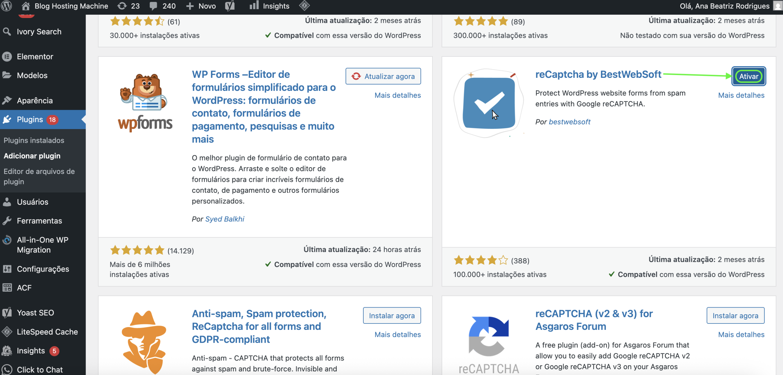 Representação da localização da opção "Ativar"