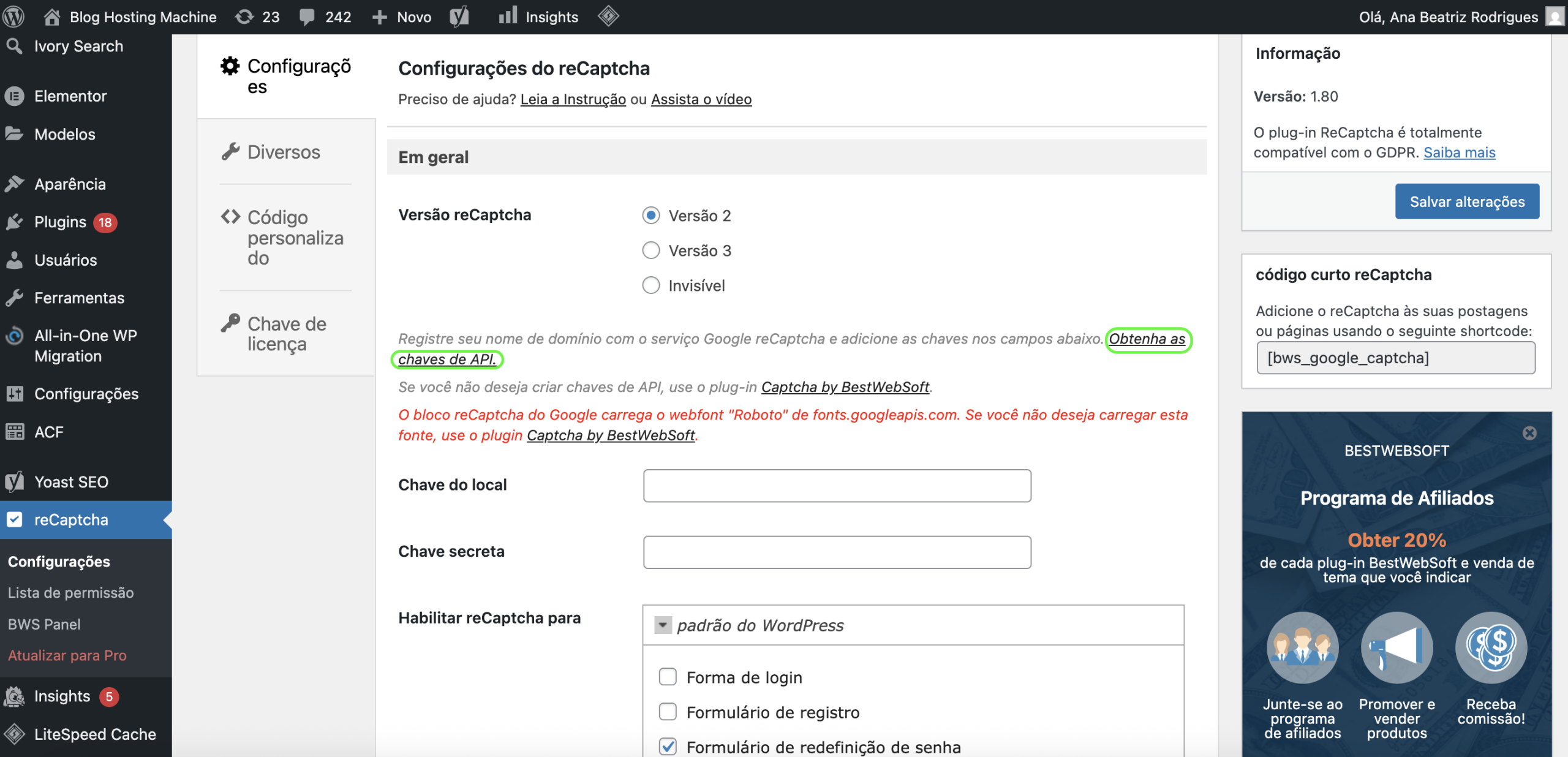 Representação da localização de "Obtenha as chaves de API"
