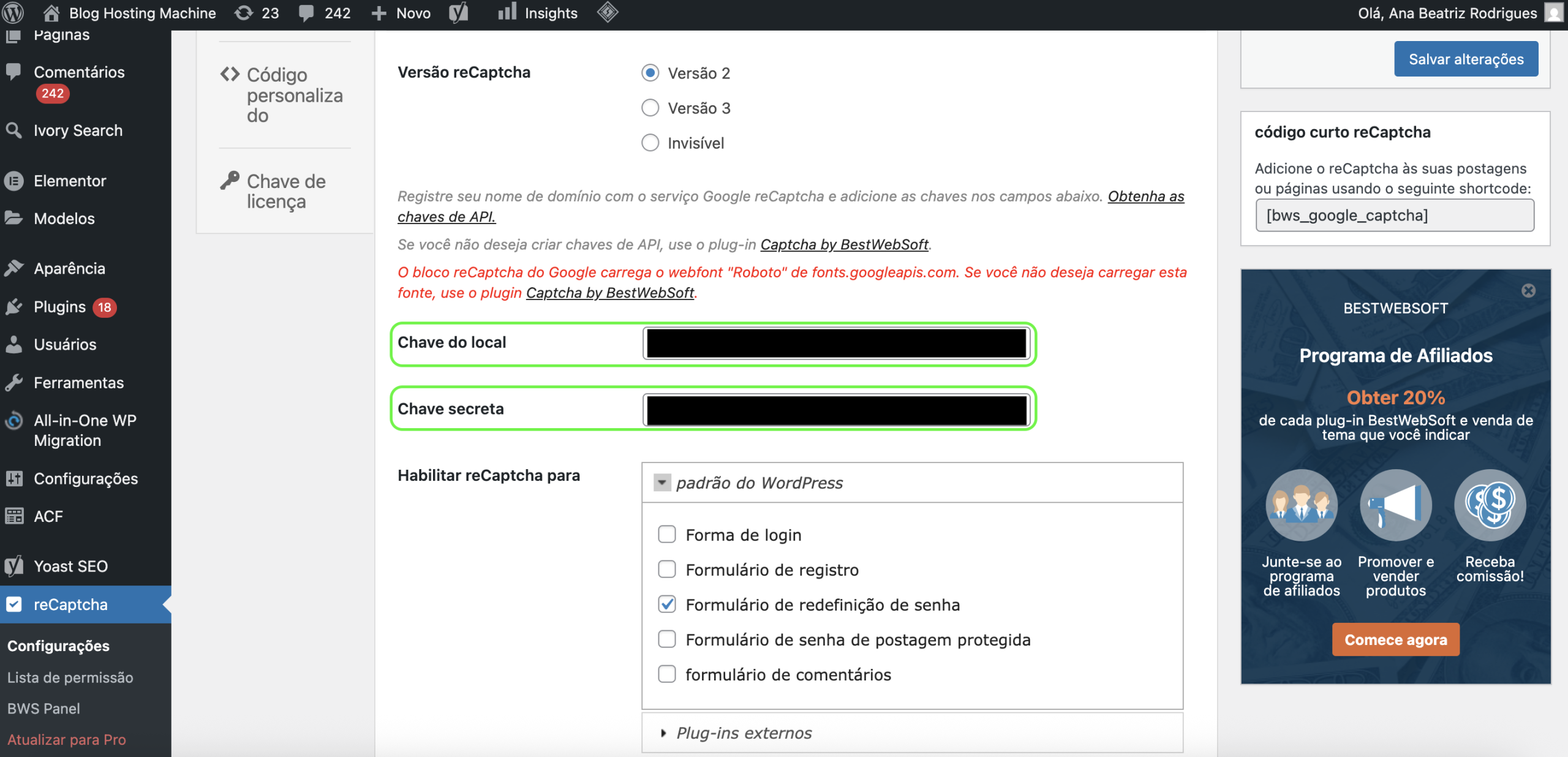 Representação da localização da chaves locais e secreta