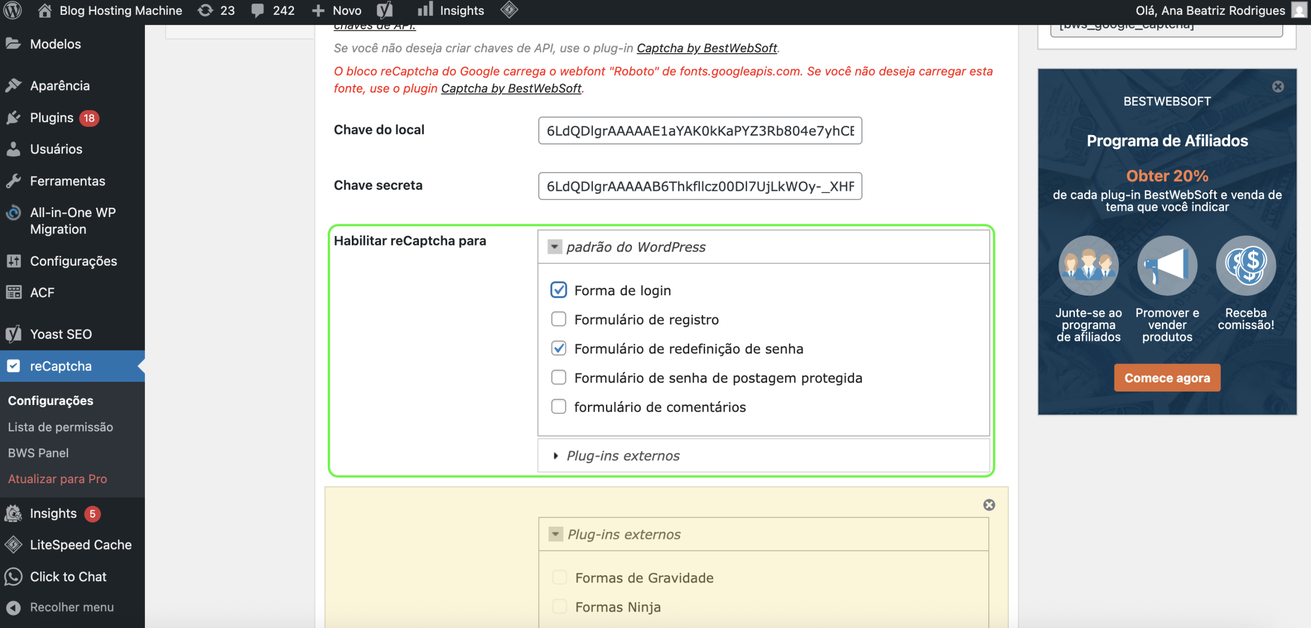 Representação da localização da área de seleção para a aparição do reCaptcha