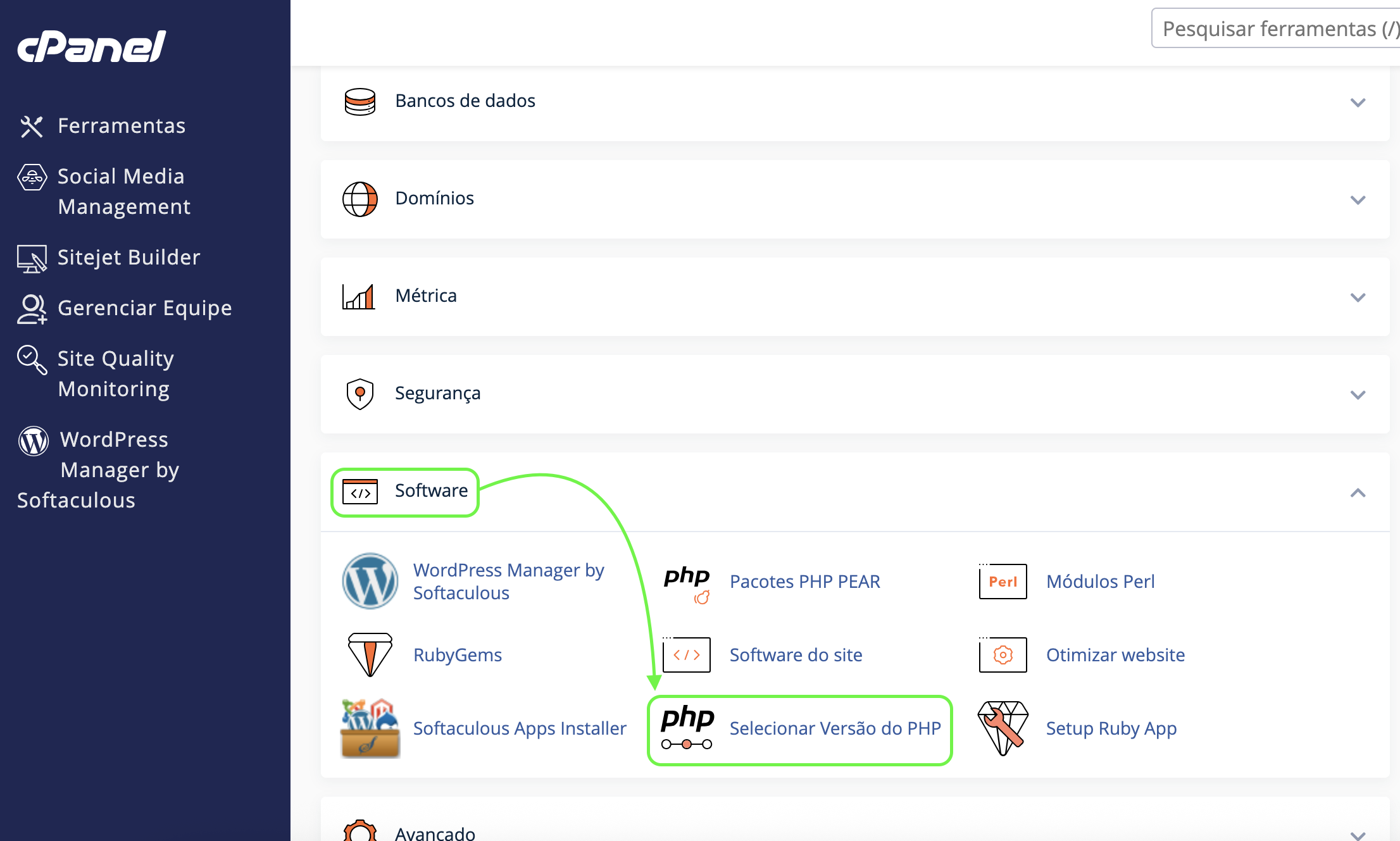 Representação da localização da opção "Selecionar Versão do PHP"