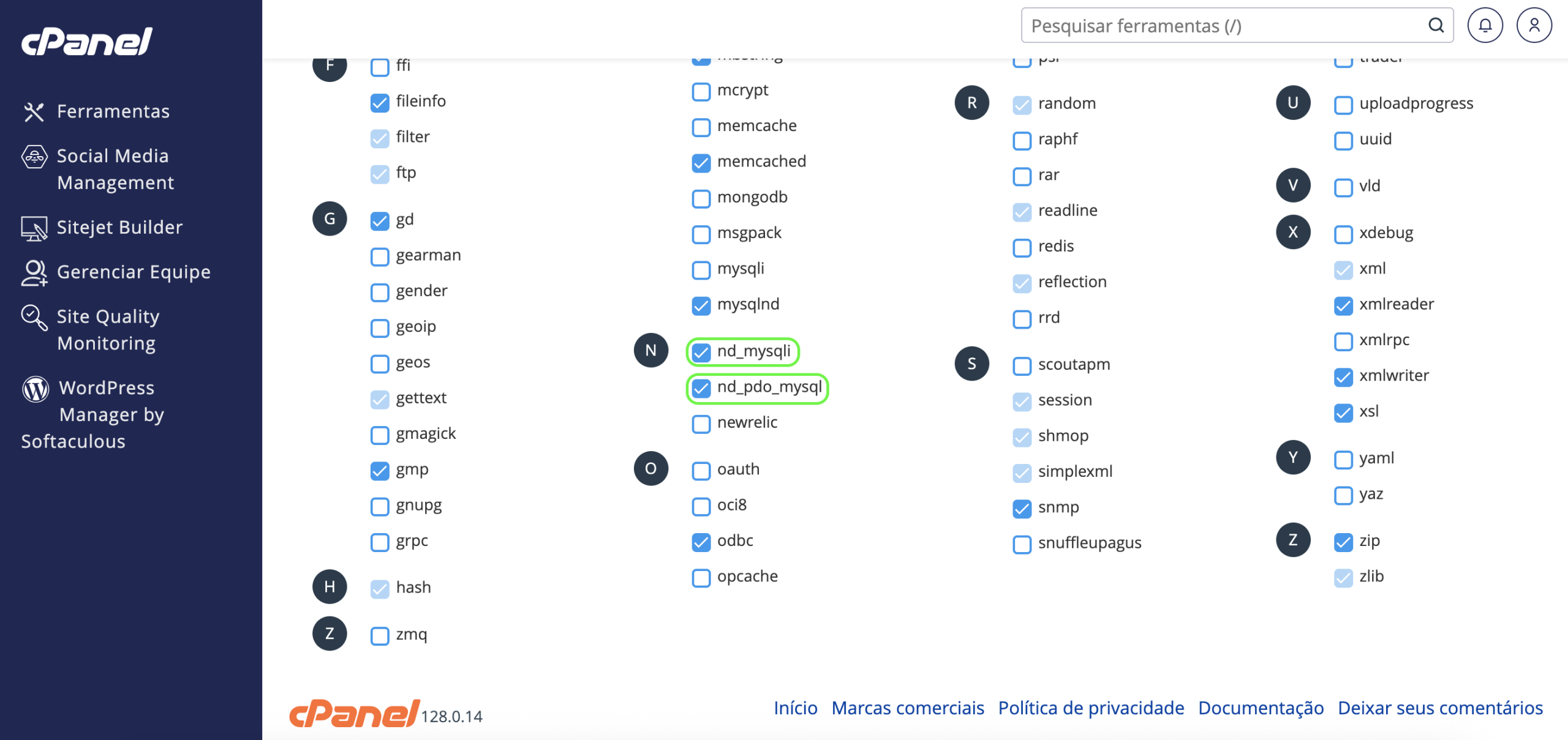 Representação da localização das extensões que precisam ser habilitadas