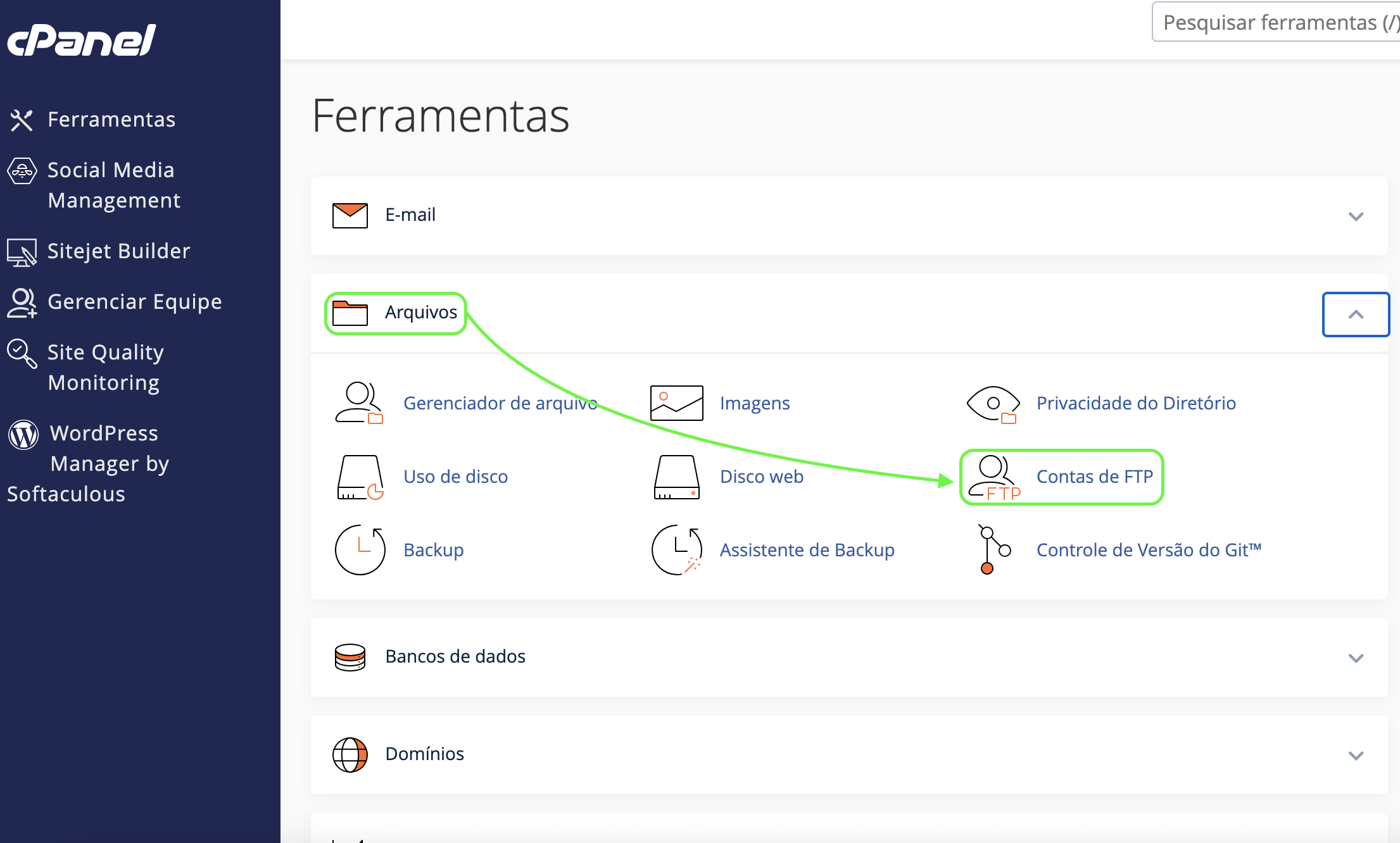 Representação da localização da opção "Contas de FTP"