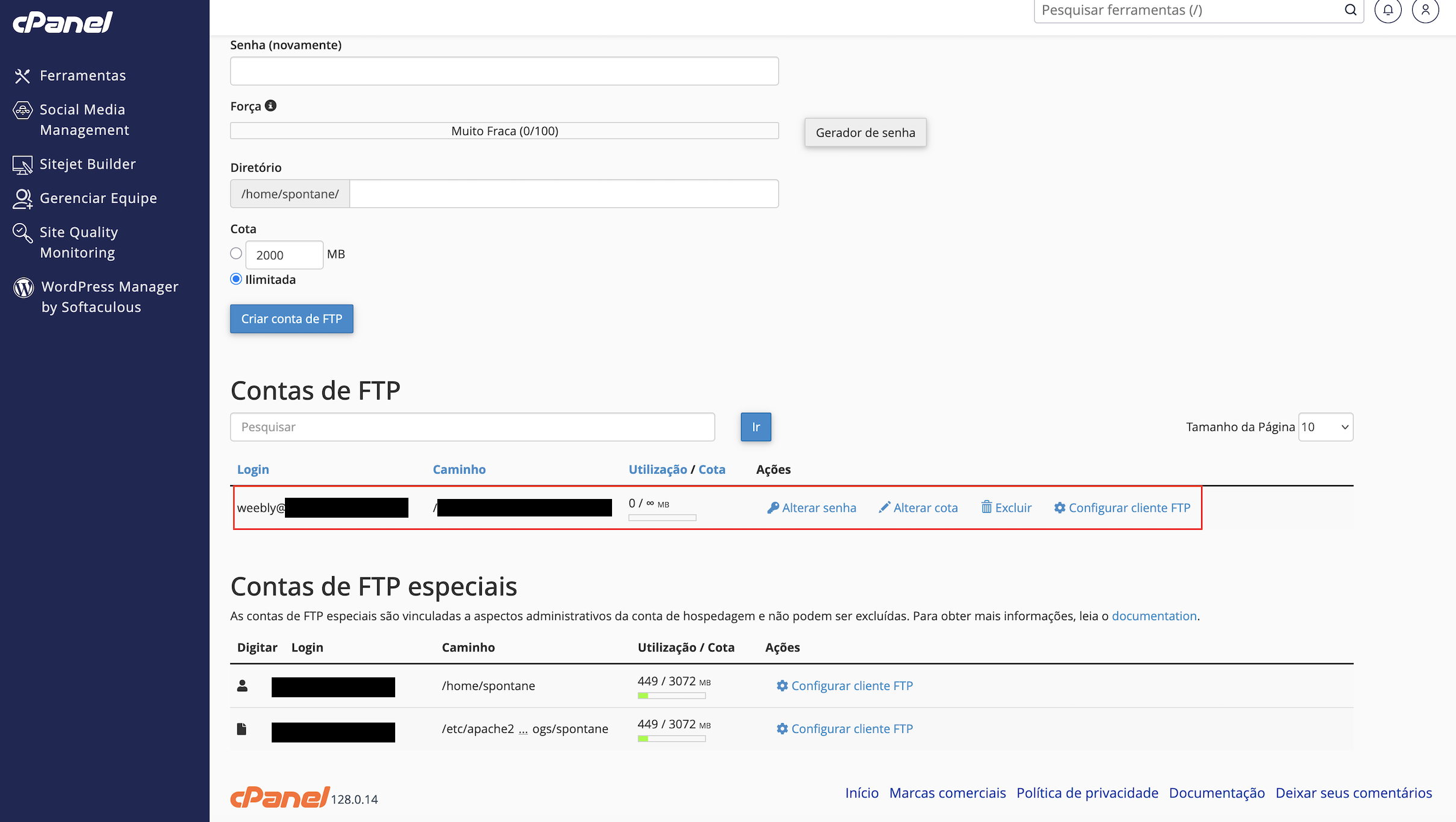 Representação da conta FTP que precisa ser excluída 