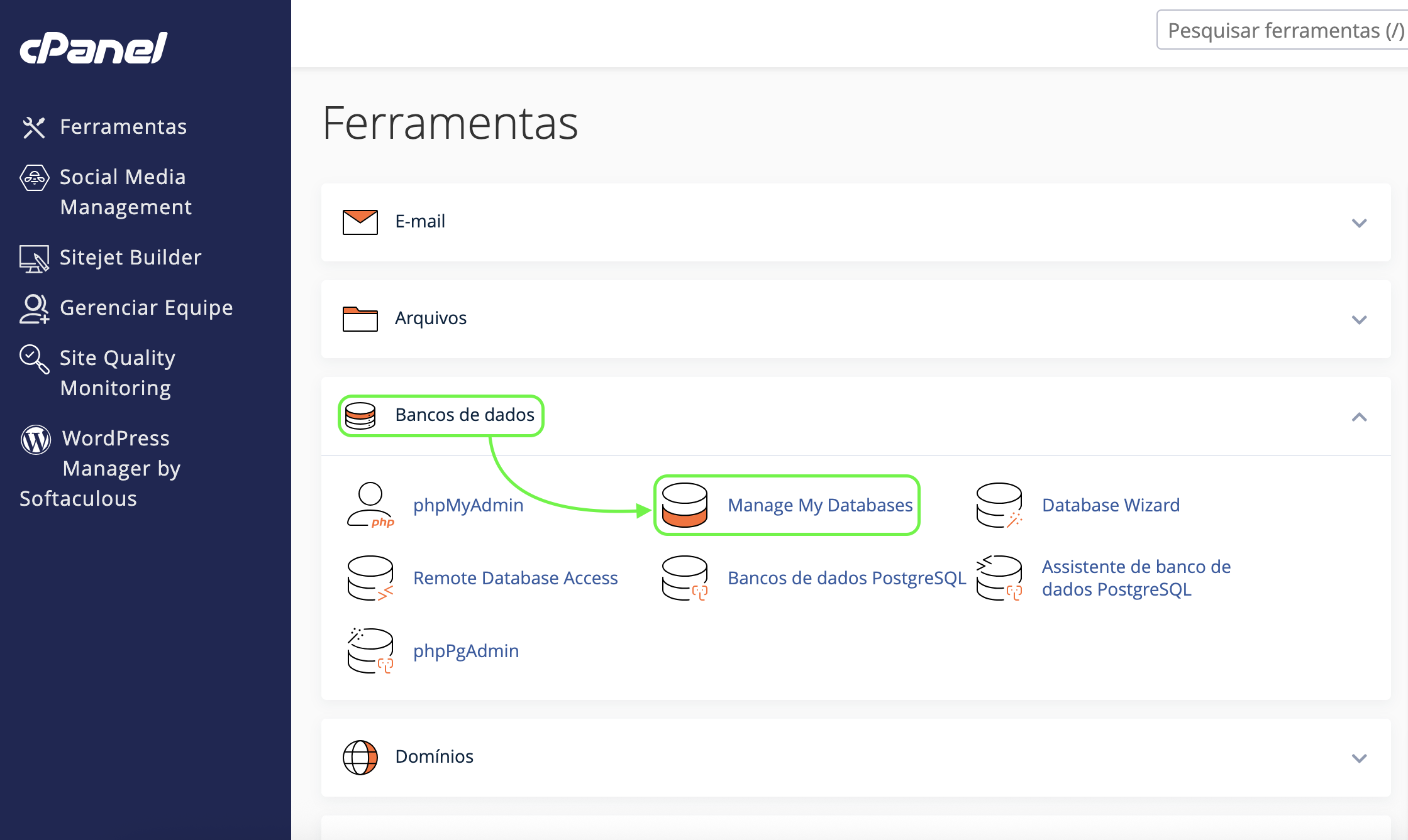 Representação da localização da opção "Manage My Databases"