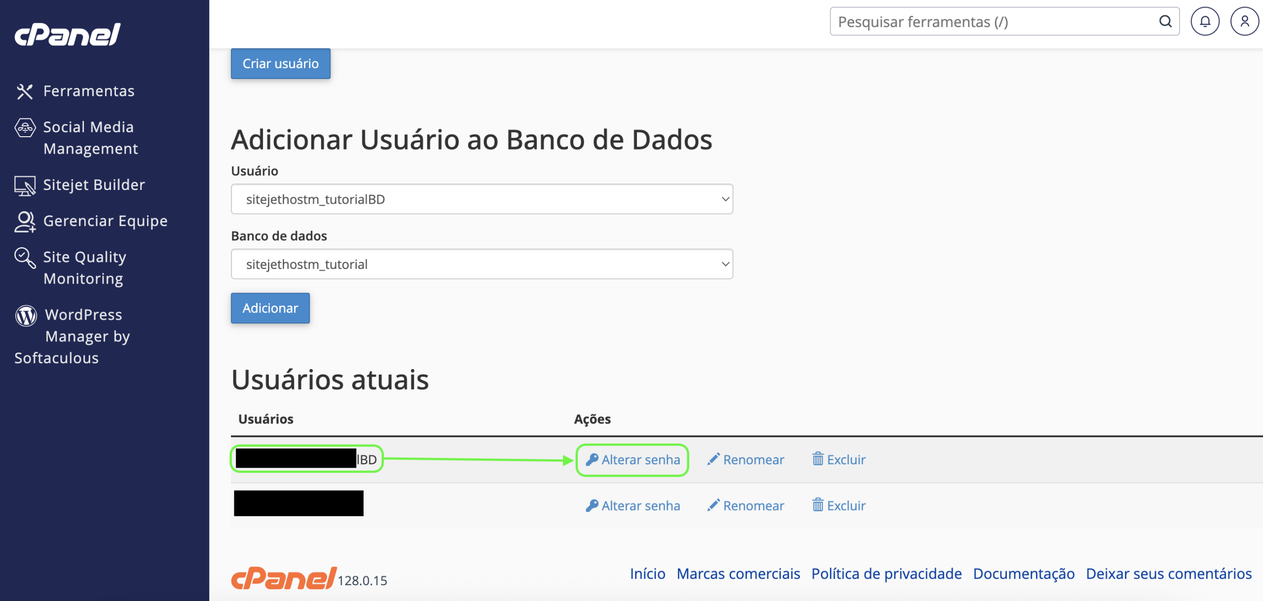 Representação da localização da opção "Alterar senha"