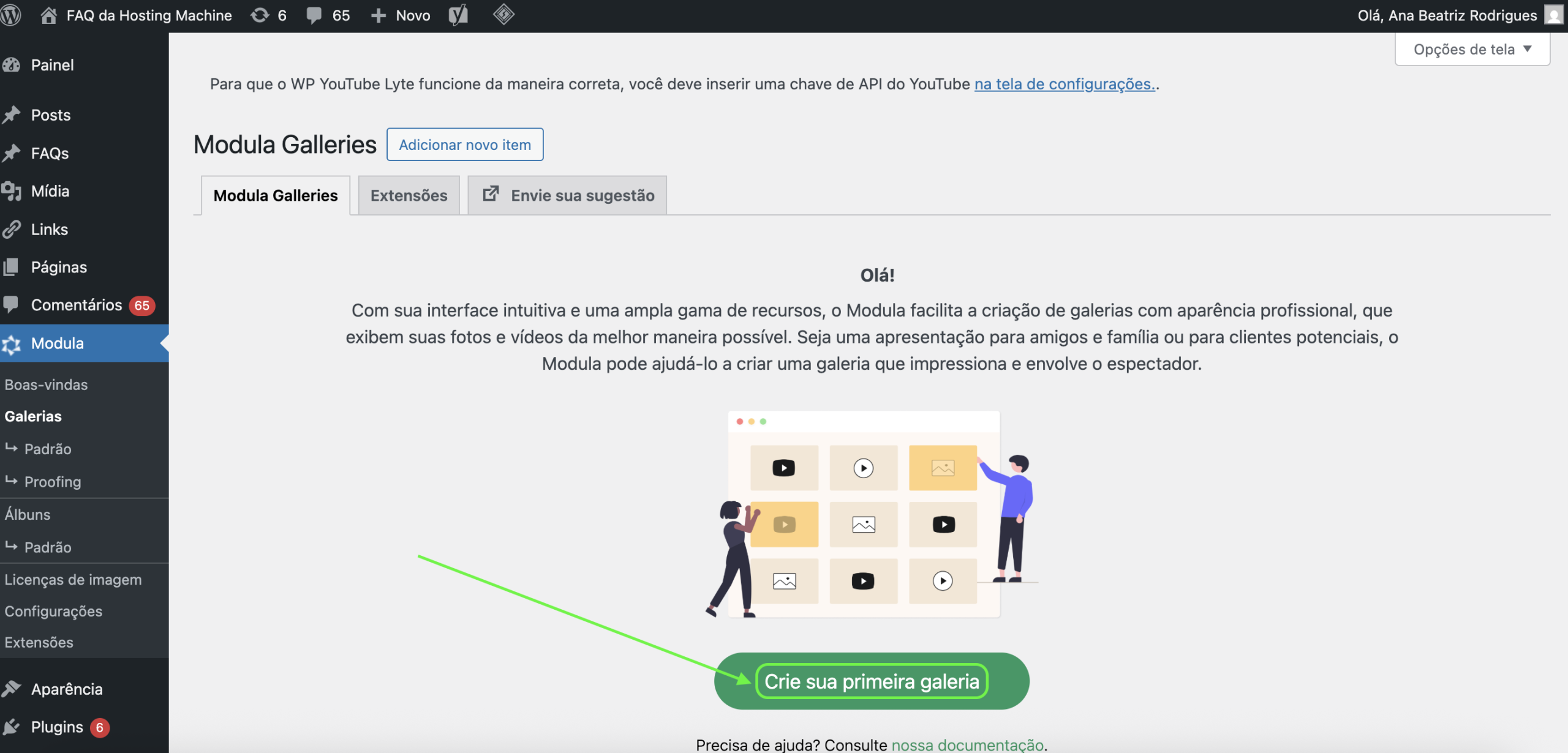 Representação da localização do botão "Crie sua primeira galeria"