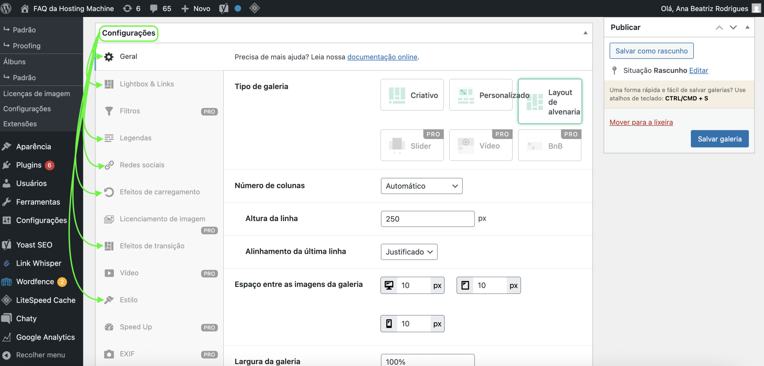Representação das opções gratuitas das configurações 