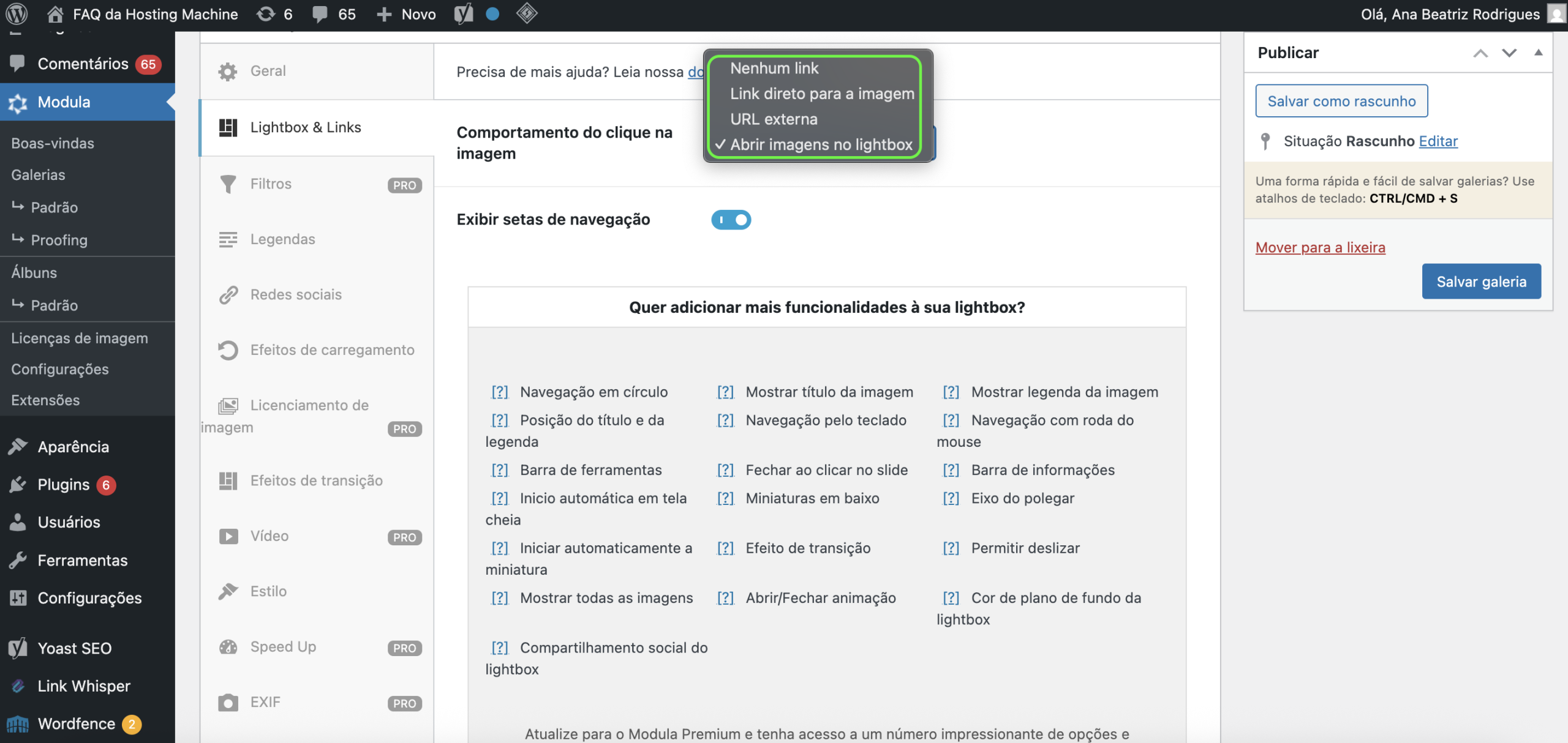 Representação das opções do comportamento lightbox