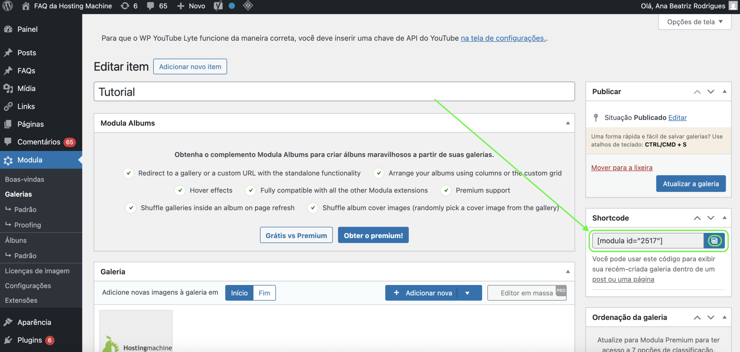 Representação da localização do shortcode