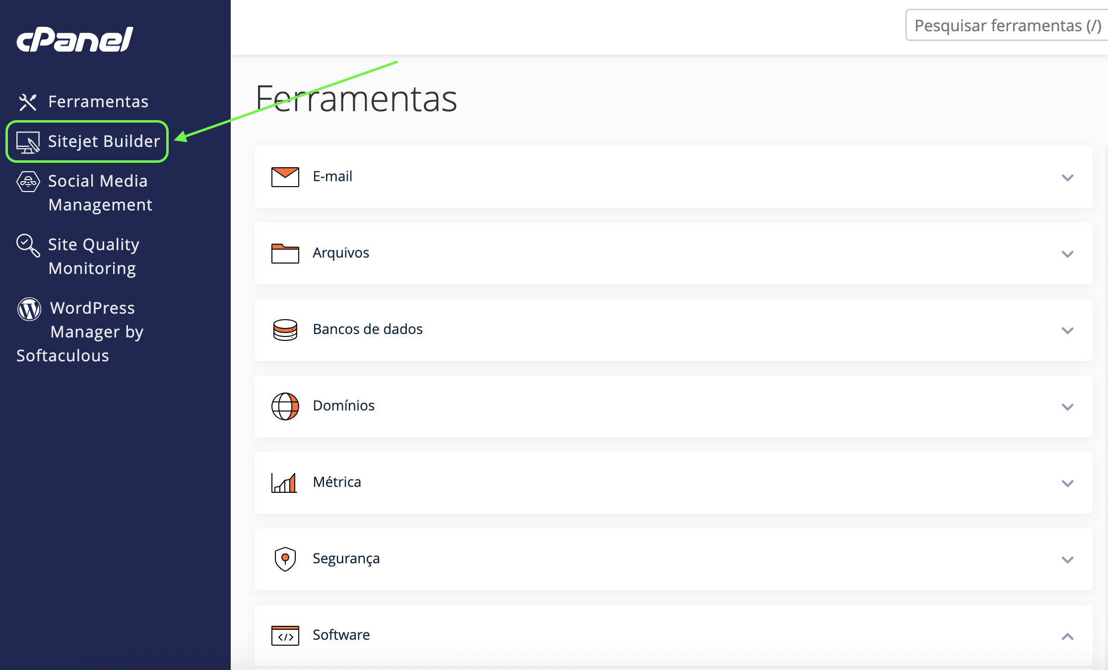 Representação da localização da opção "Sitejet Builder"