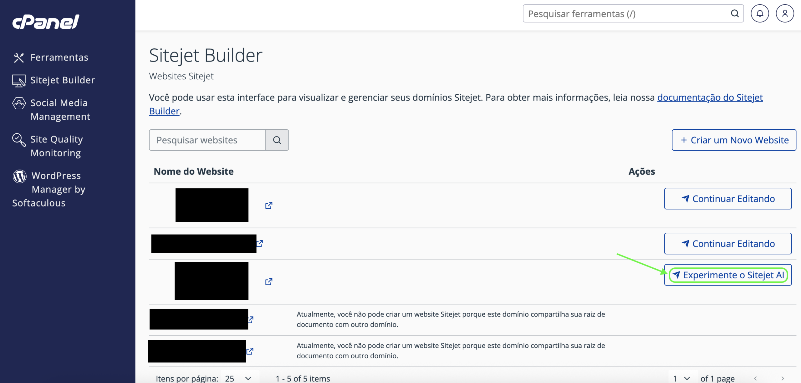 Representação da localização do botão "Experimente o Sitejet AI"