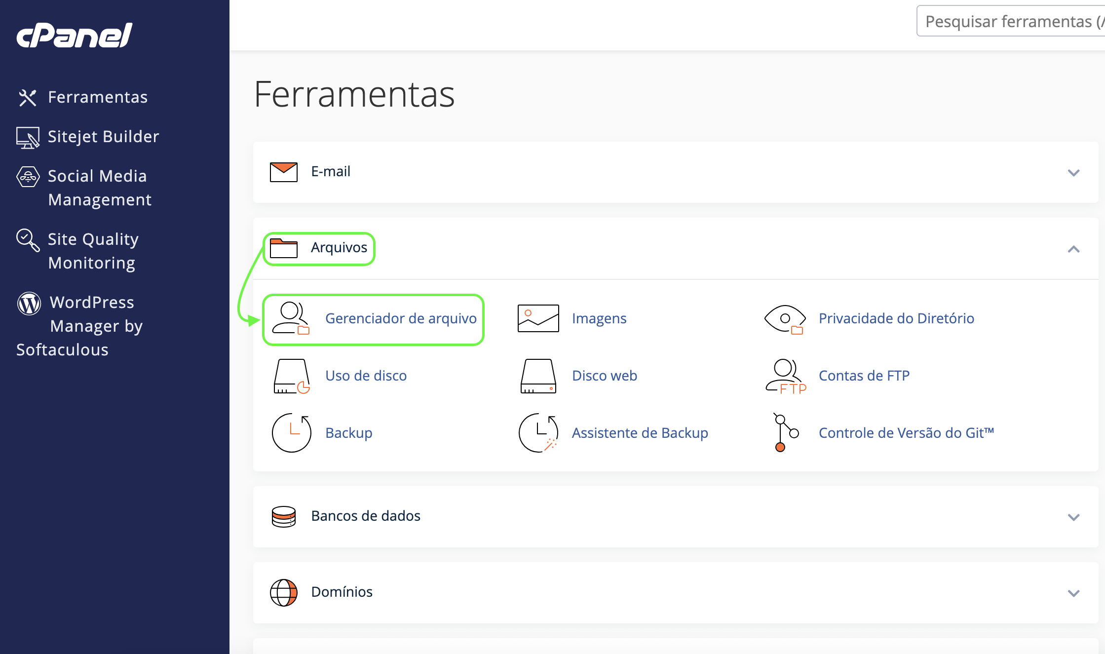 Representação da localização da opção "Gerenciador de arquivos"