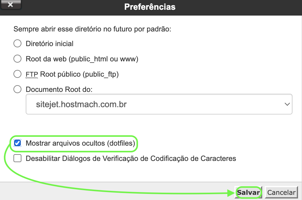 Representação da localização da opção "Mostrar arquivos ocultos"