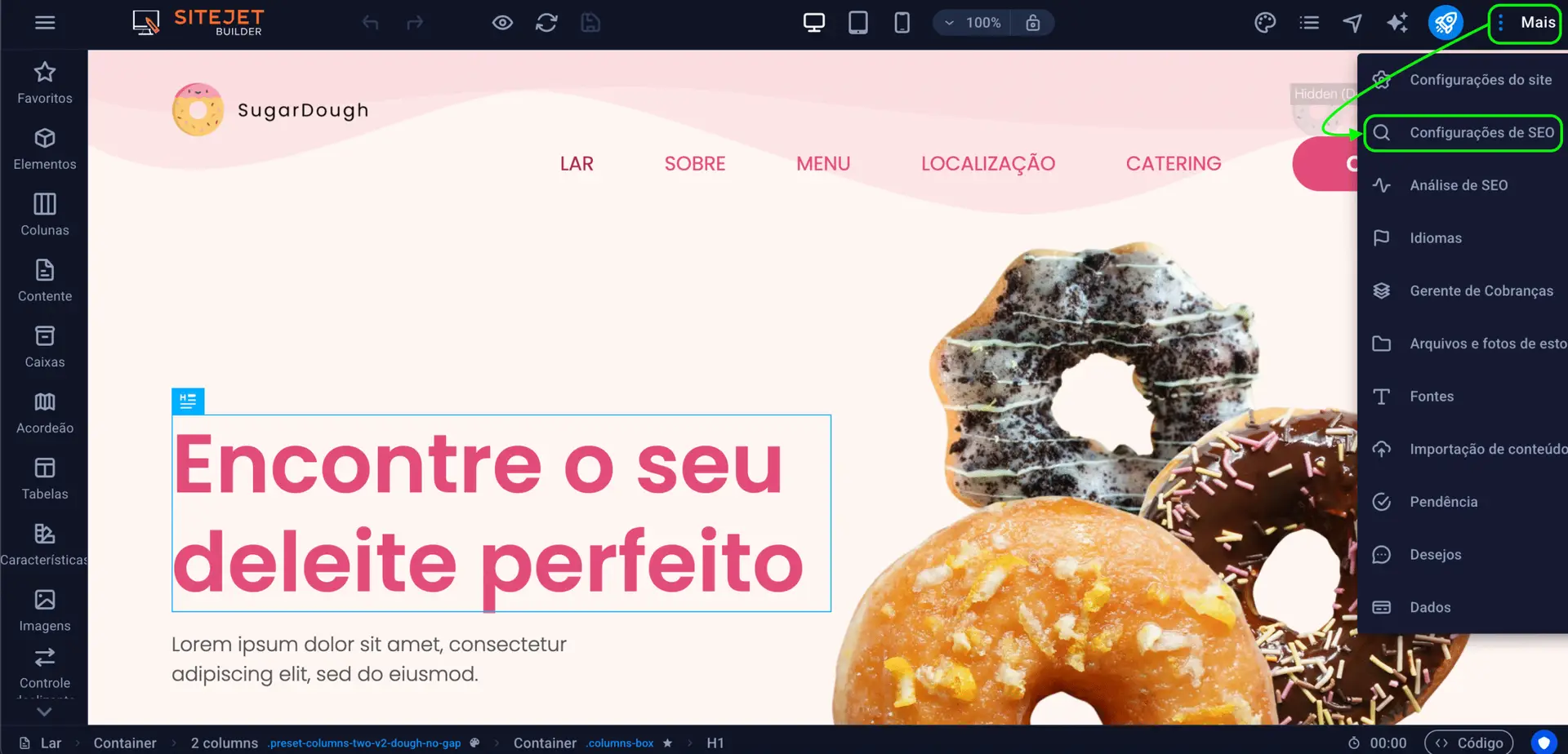 Representação da localização da opção "Configurações de SEO"