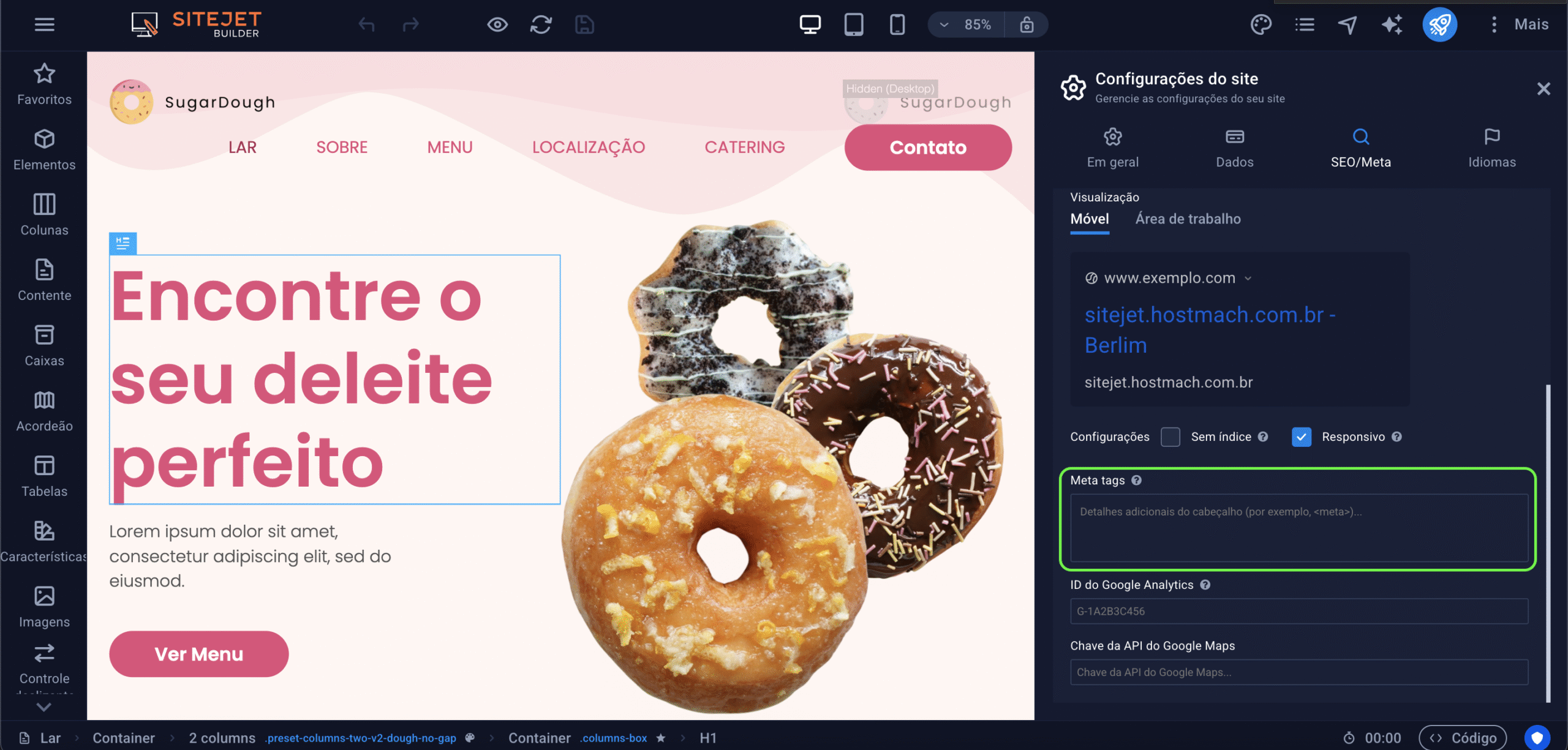 Representação da localização do campo "Meta tags"