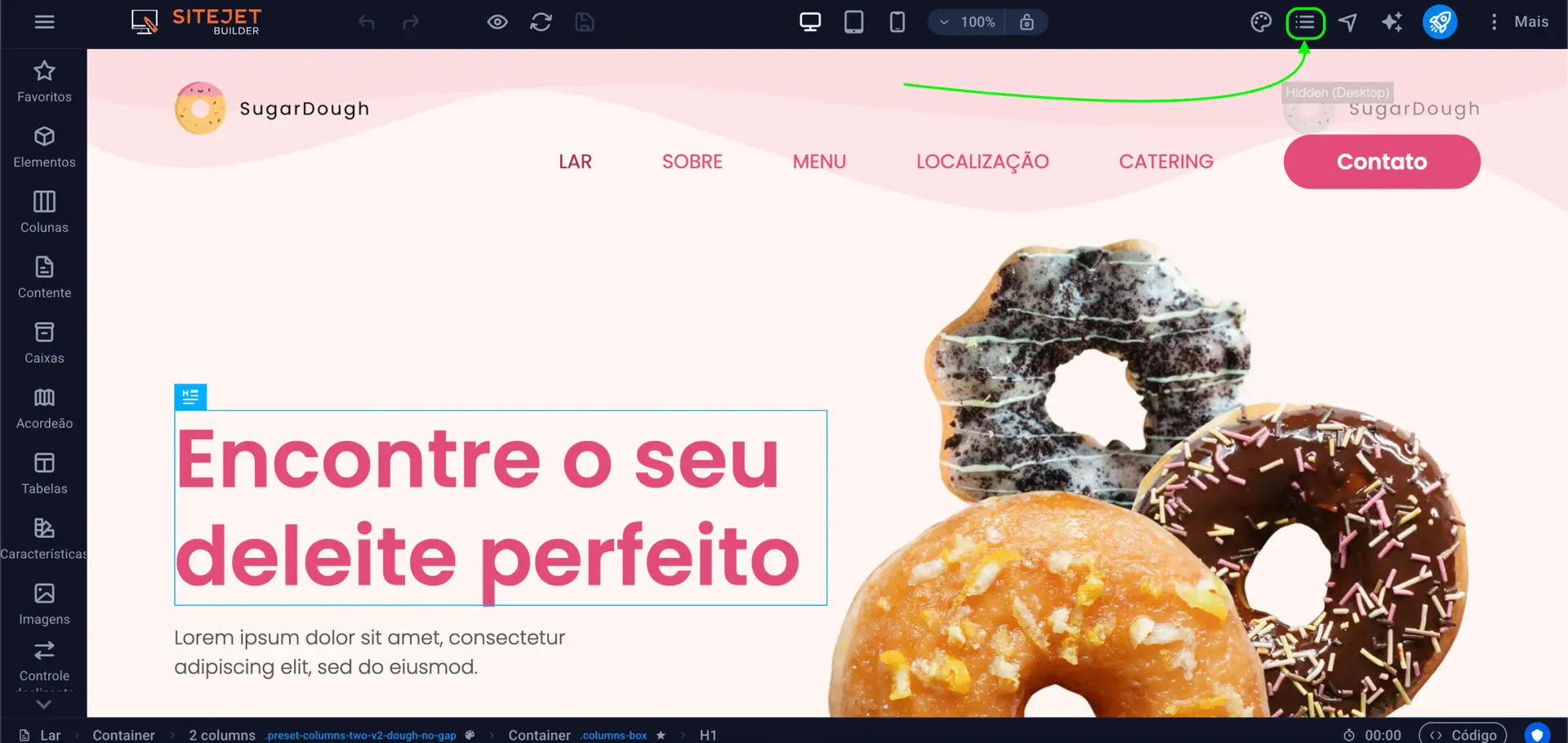 Representação da localização da opção "Páginas"