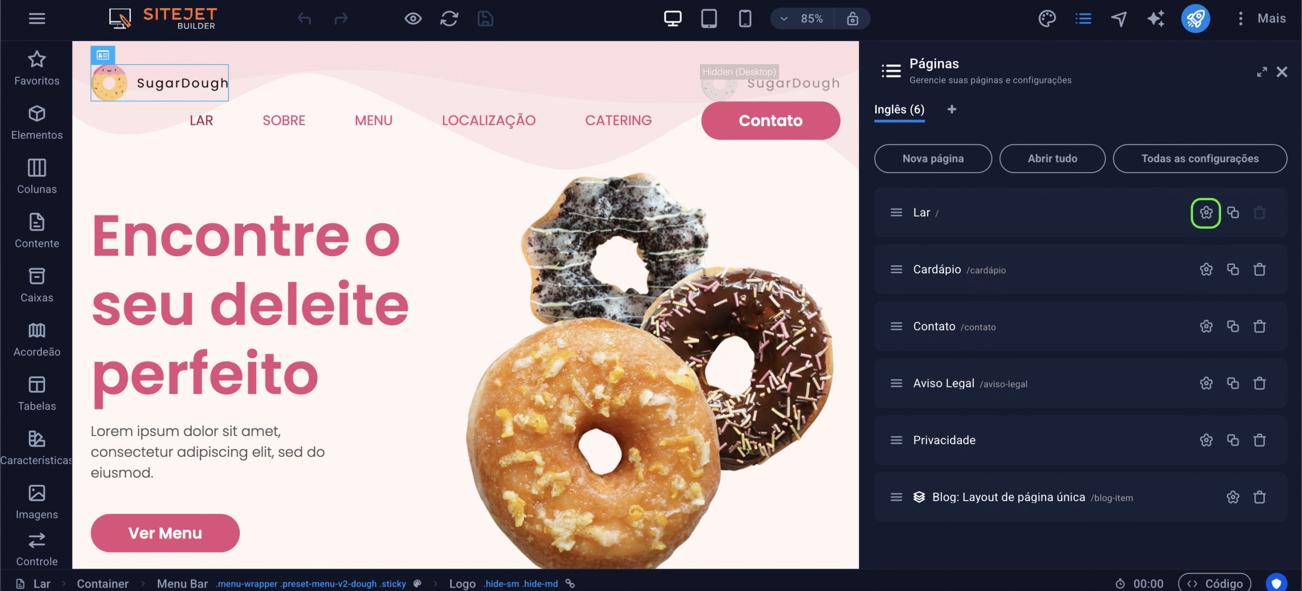 Representação da localização do botão de configurações da página