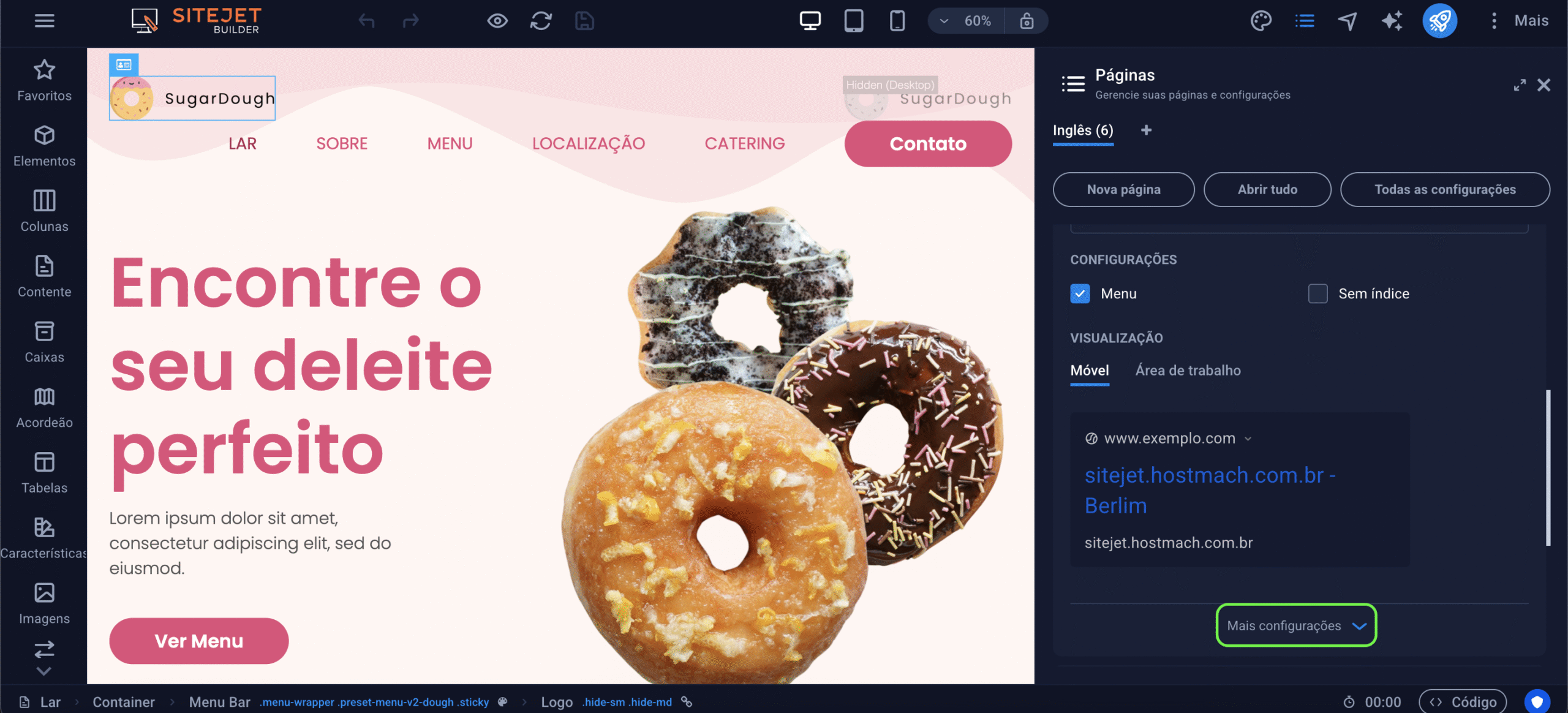 Representação da localização do botão "Mais configurações"