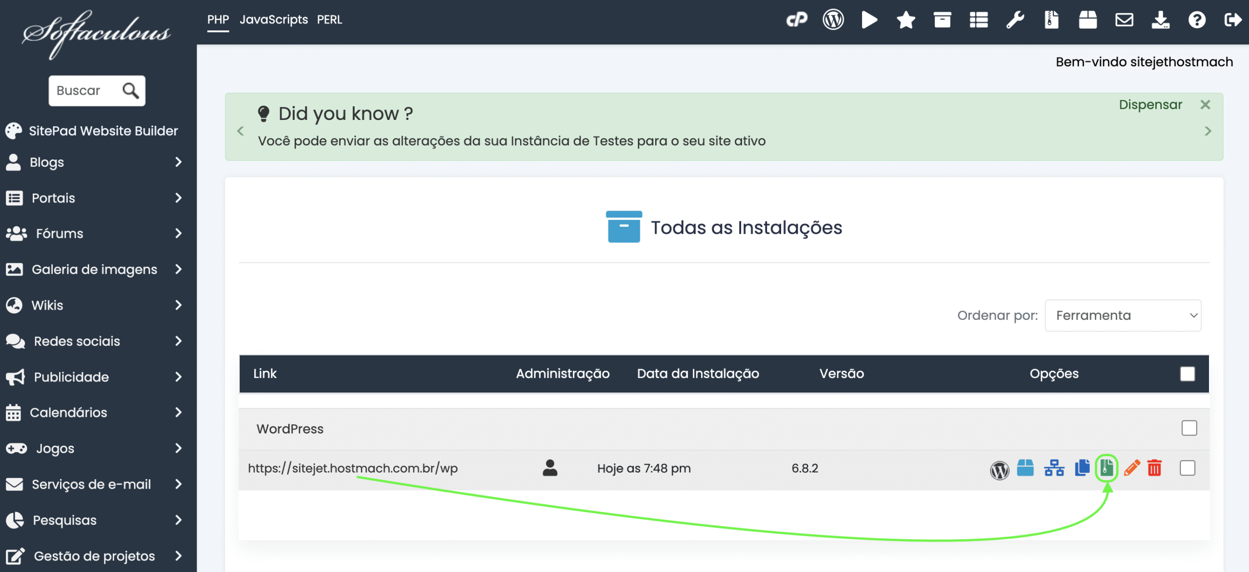 Representação da localização do ícone de backup