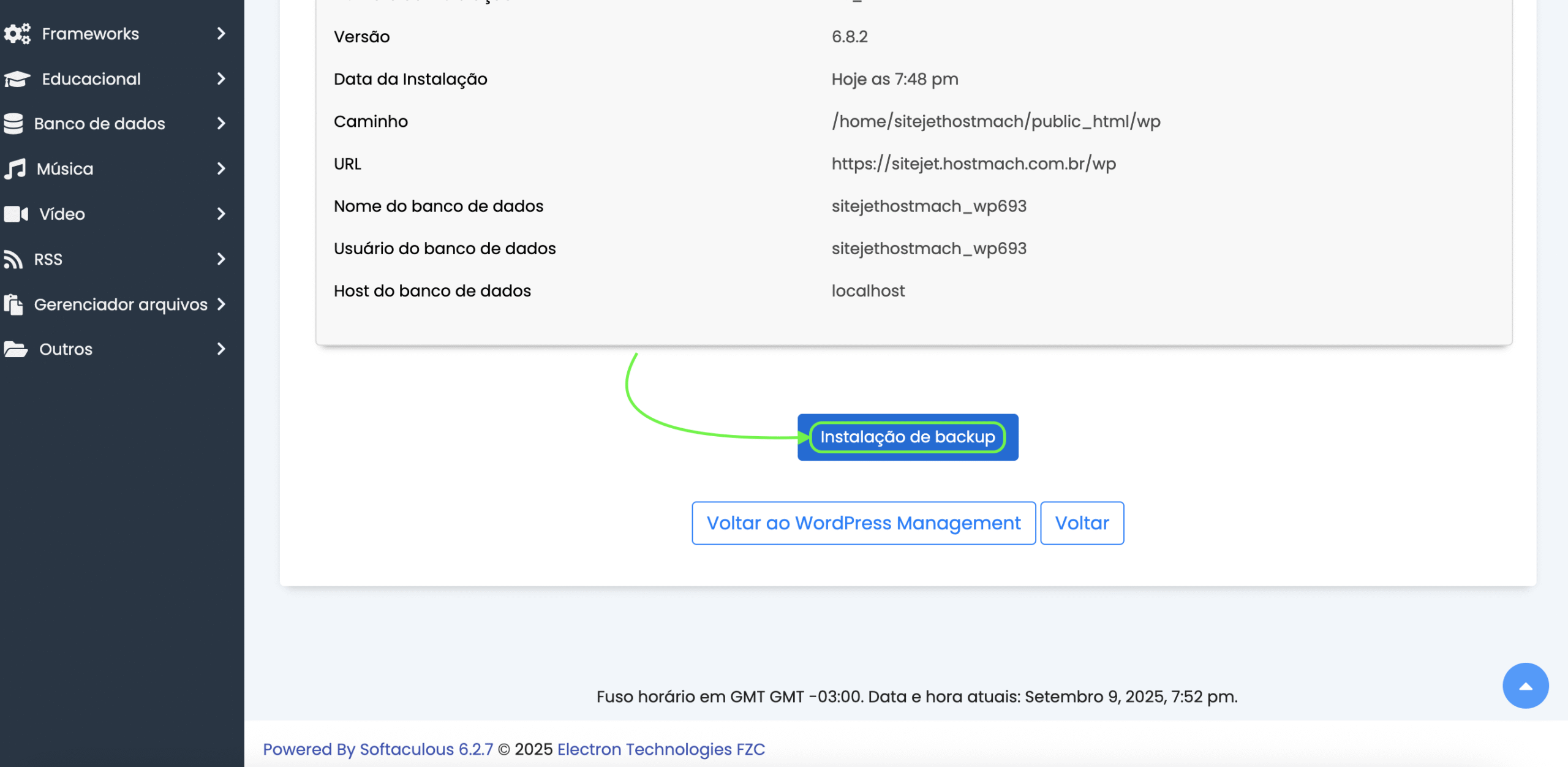 Representação do botão "Instalação de backup"