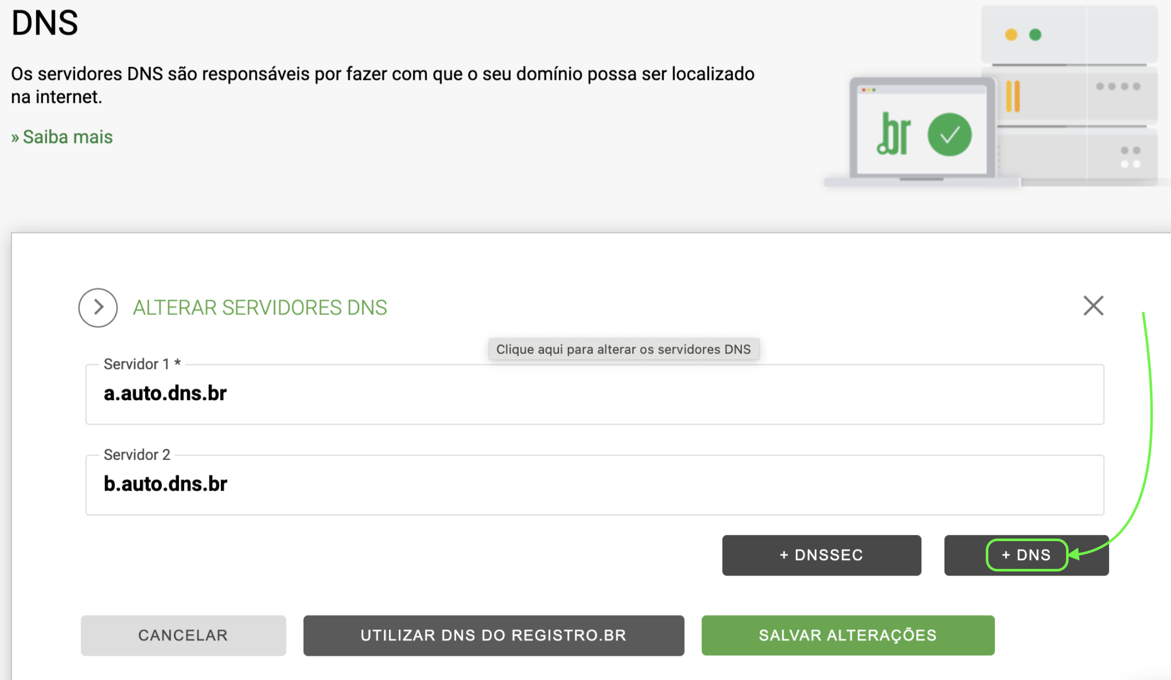 Representação da localização do botão "+ DNS"