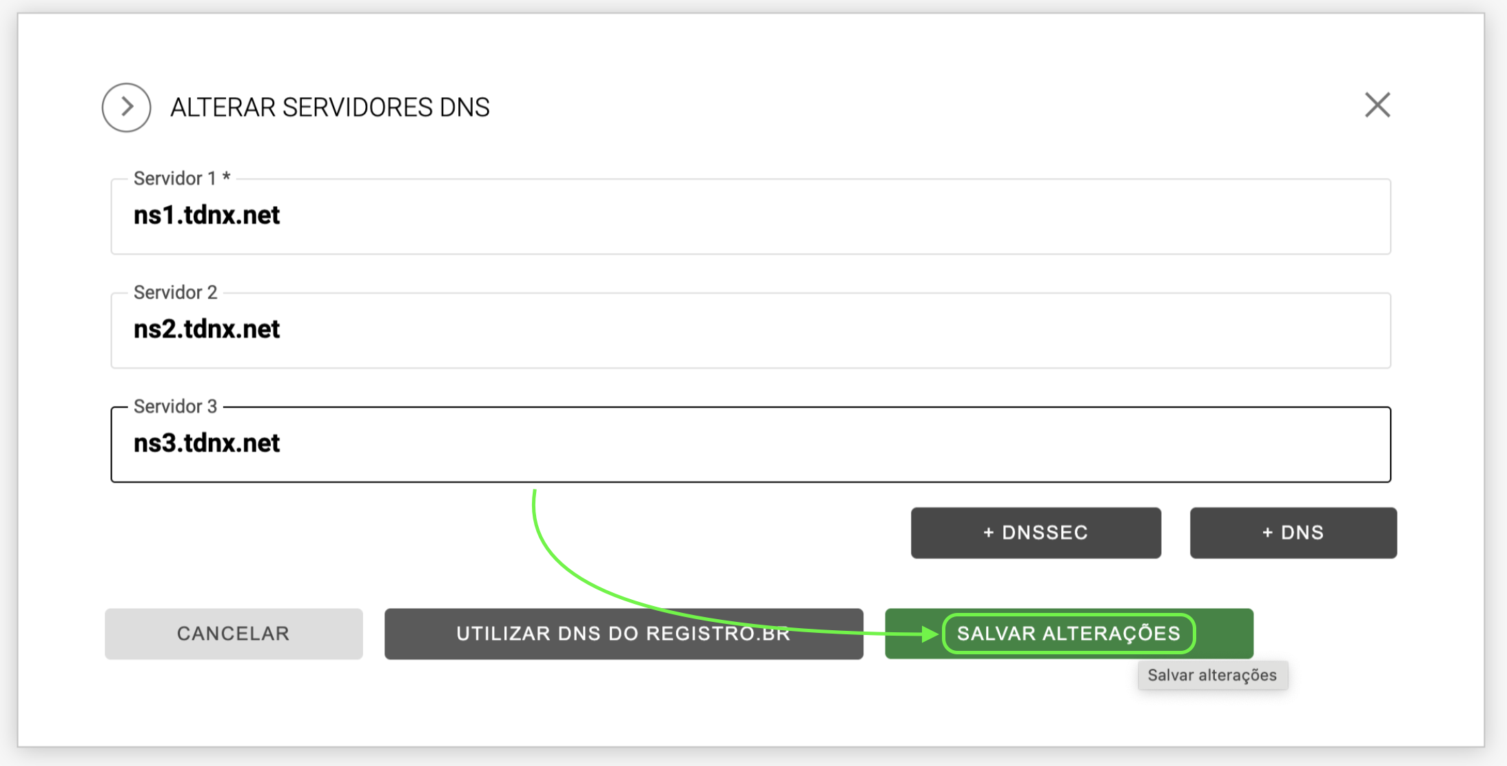 Representação da localização do botão "Salvar alterações"