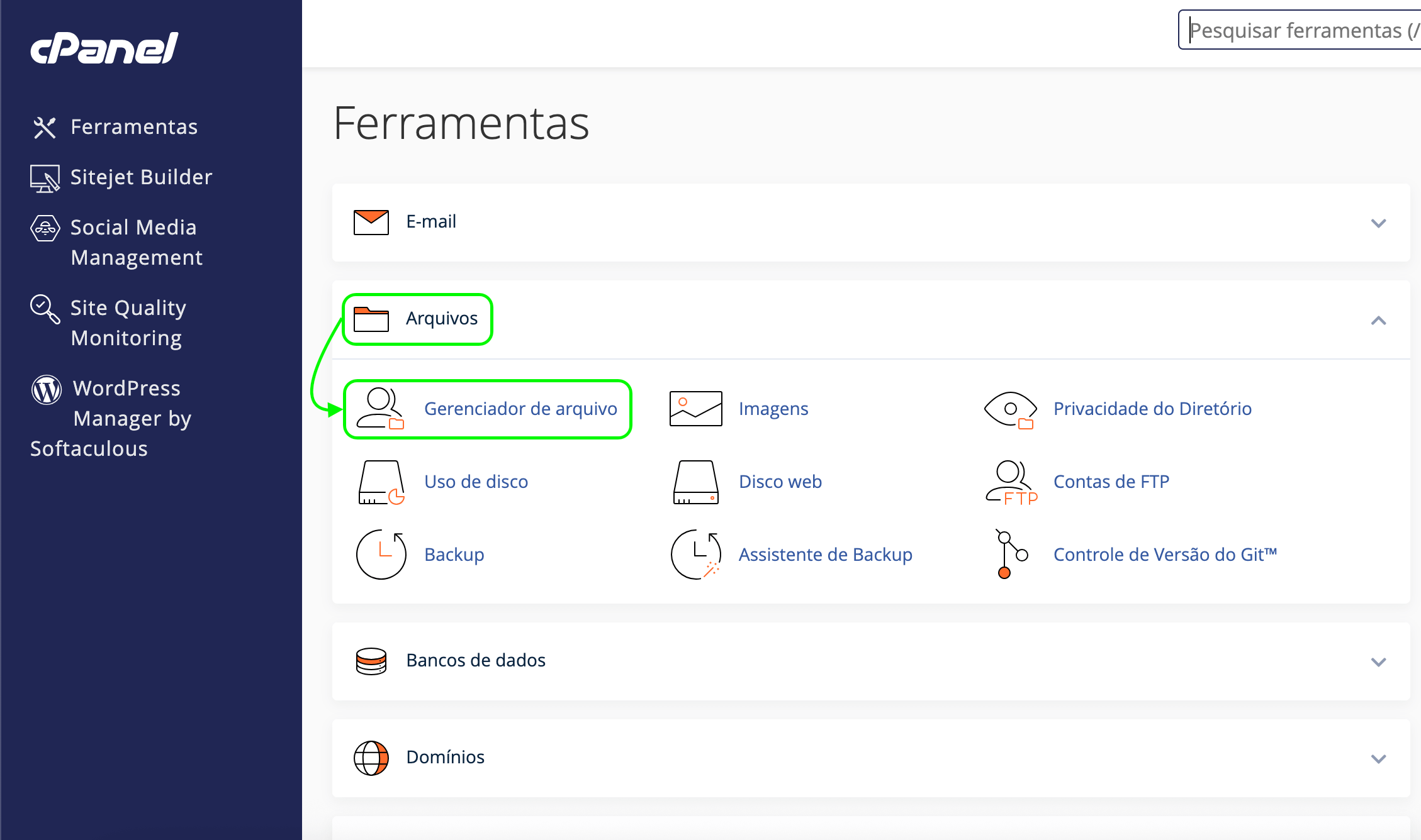 Representação da localização da opção "Gerenciador de arquivo"