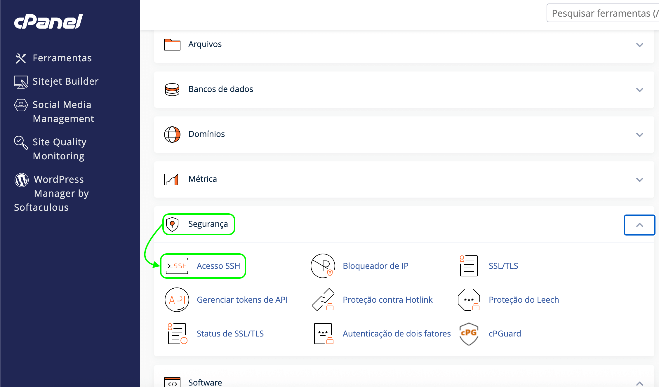 Representação da localização da opção "Acesso SSH"