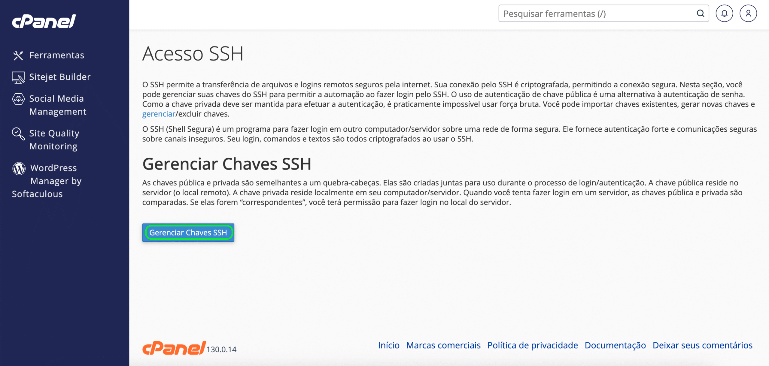 Representação da localização do botão "Gerenciar Chaves SSH" 