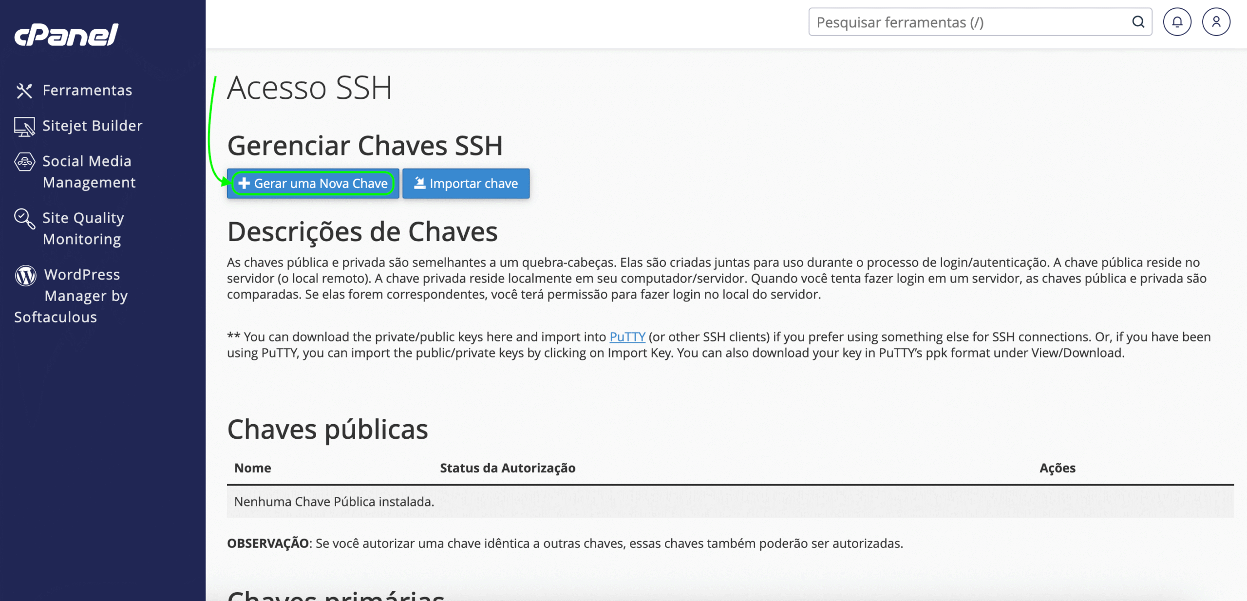 Representação da localização do botão "Gerar uma nova chave"