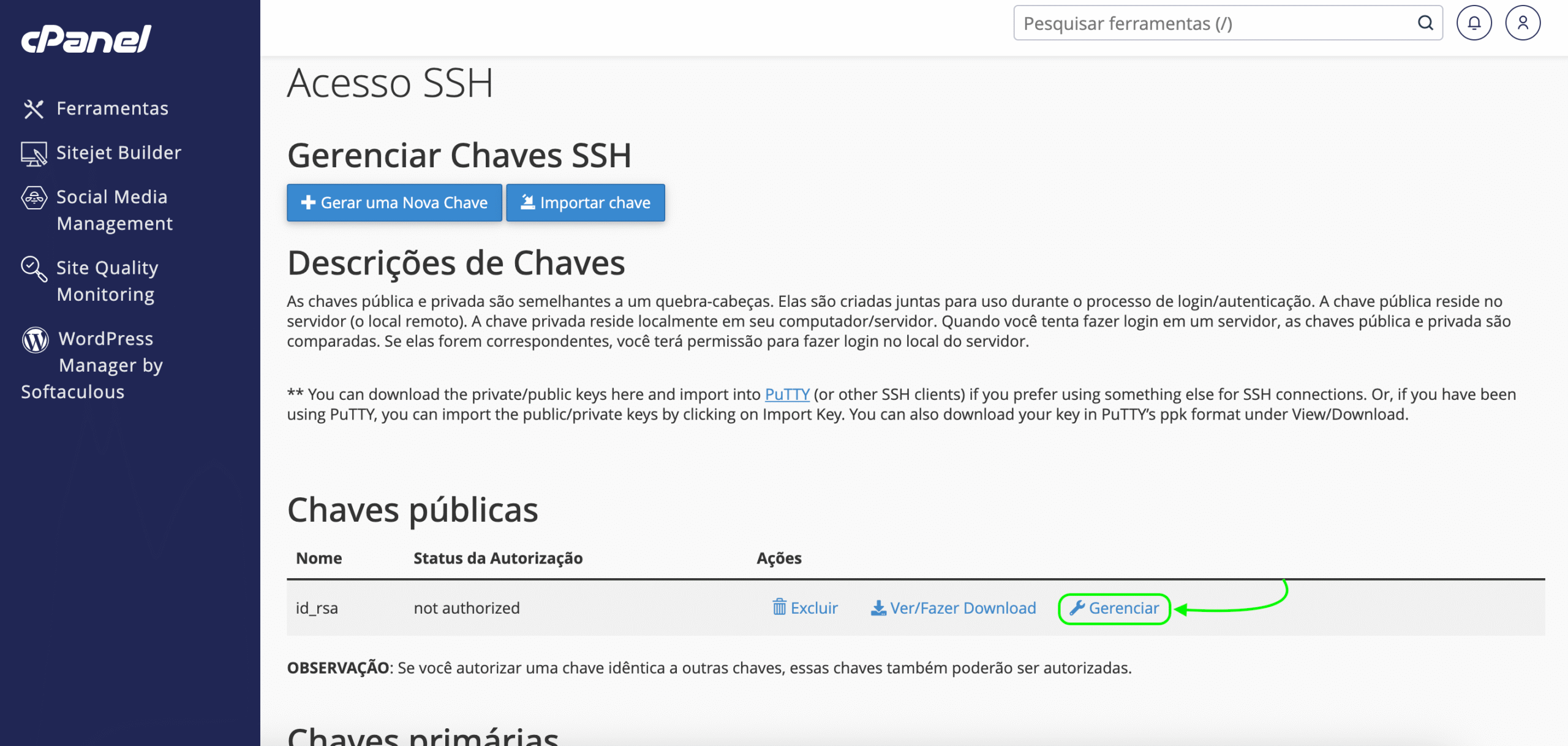 Representação da localização do botão "Gerenciar"