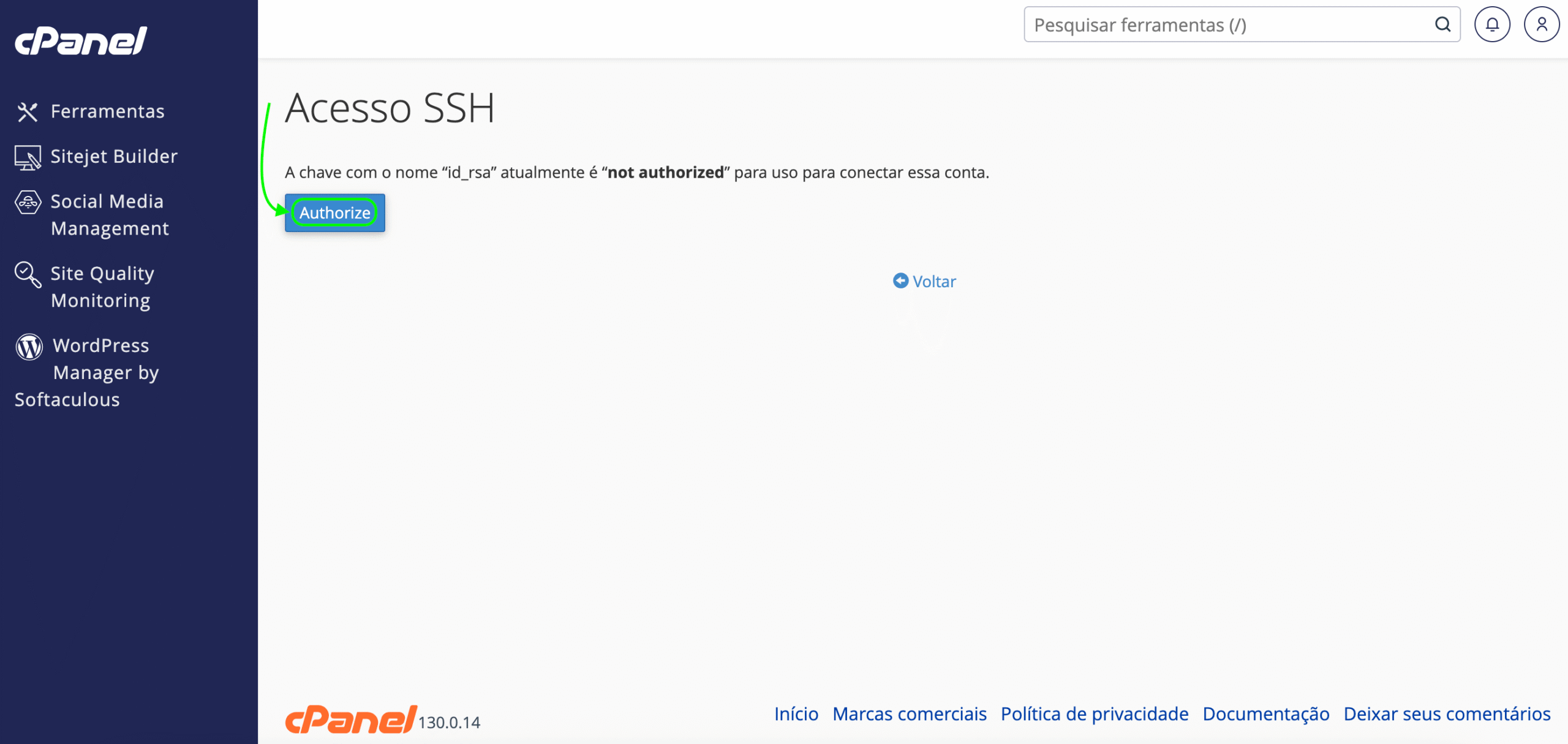 Representação da localização do botão "Authorize"