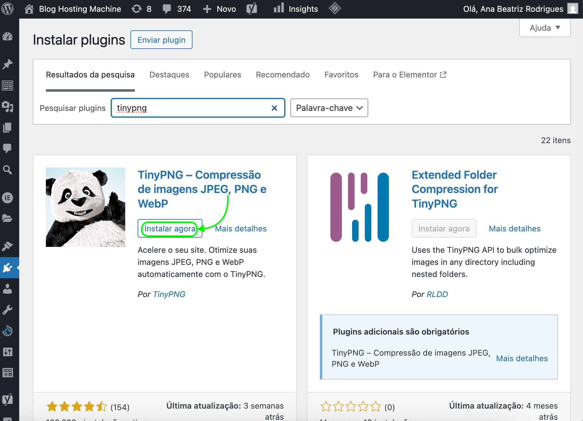 Representação do plugin TinyPNG e da localização do botão "Instalar agora"
