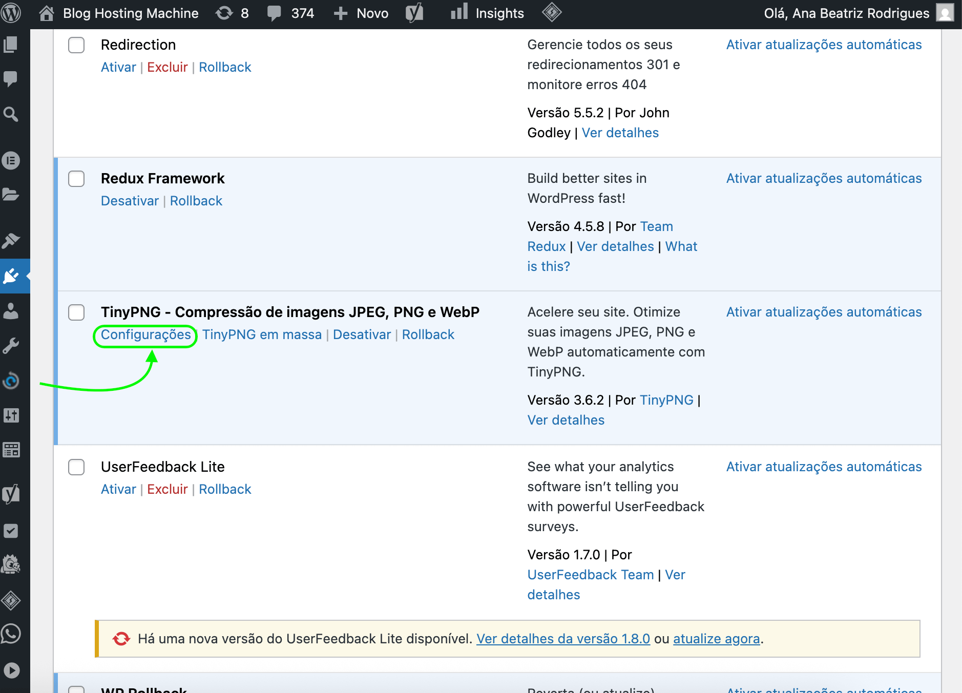 Representação da localização do botão "Configurações"