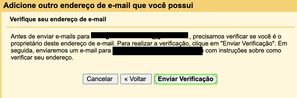 Representação da localização do botão "Enviar verificação"