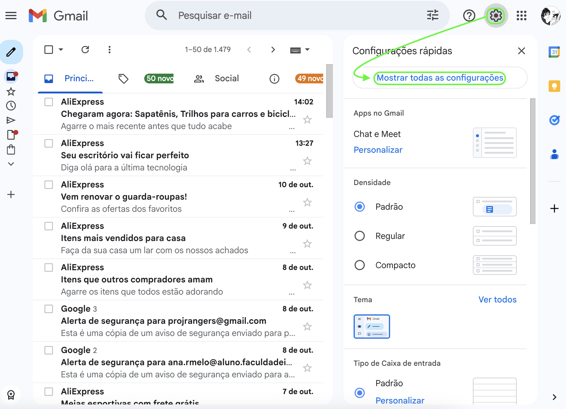 Representação da localização da opção "Ver todas as configurações"