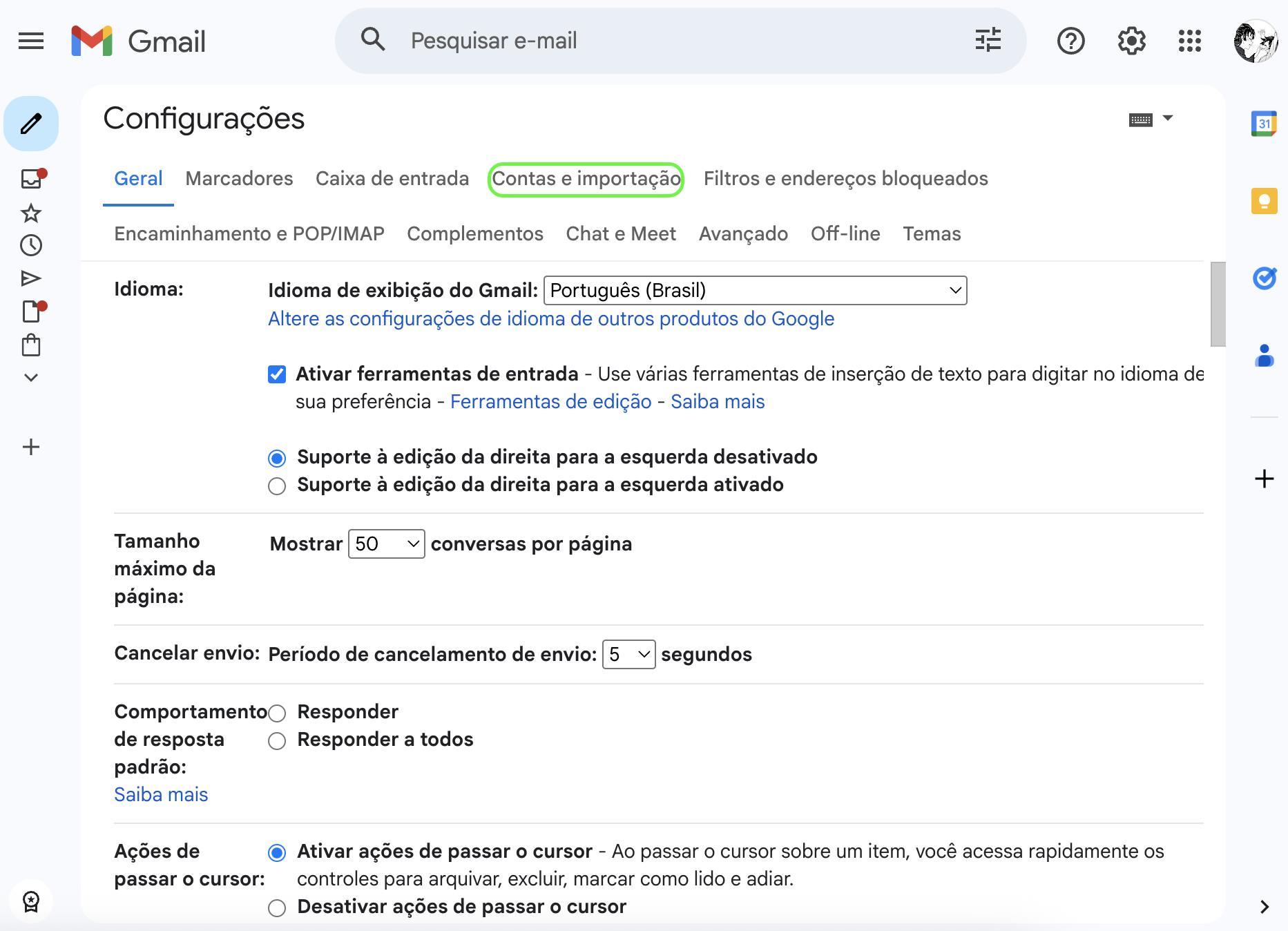 Representação da localização da opção "Contas e importação"