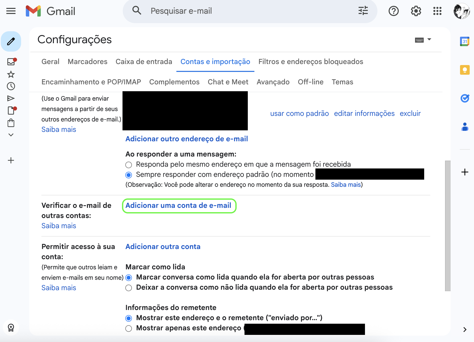 Representação da localização da opção "Adicionar uma conta de e-mail"