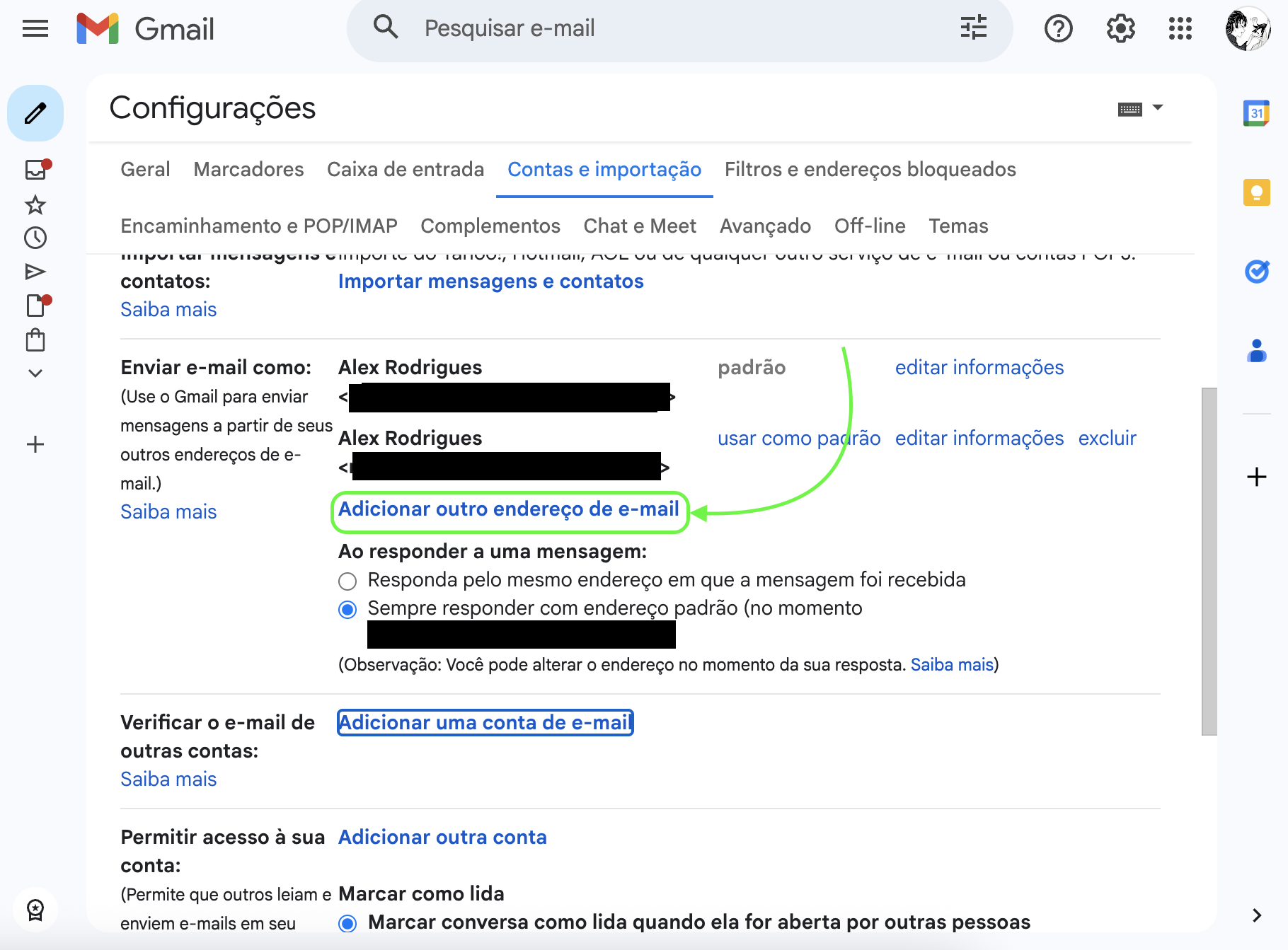 Representação da localização da opção "Adicionar outro endereço de e-mail"