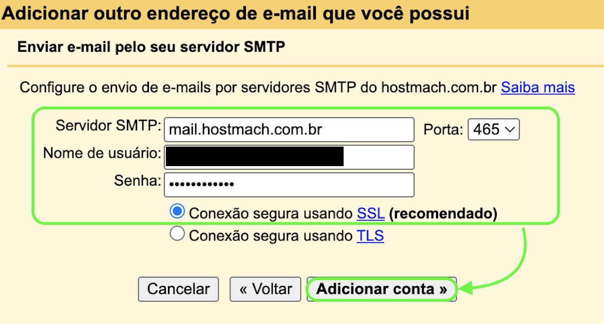 Representação da localização dos campos que precisam de preenchimento e do botão "Adicionar conta"