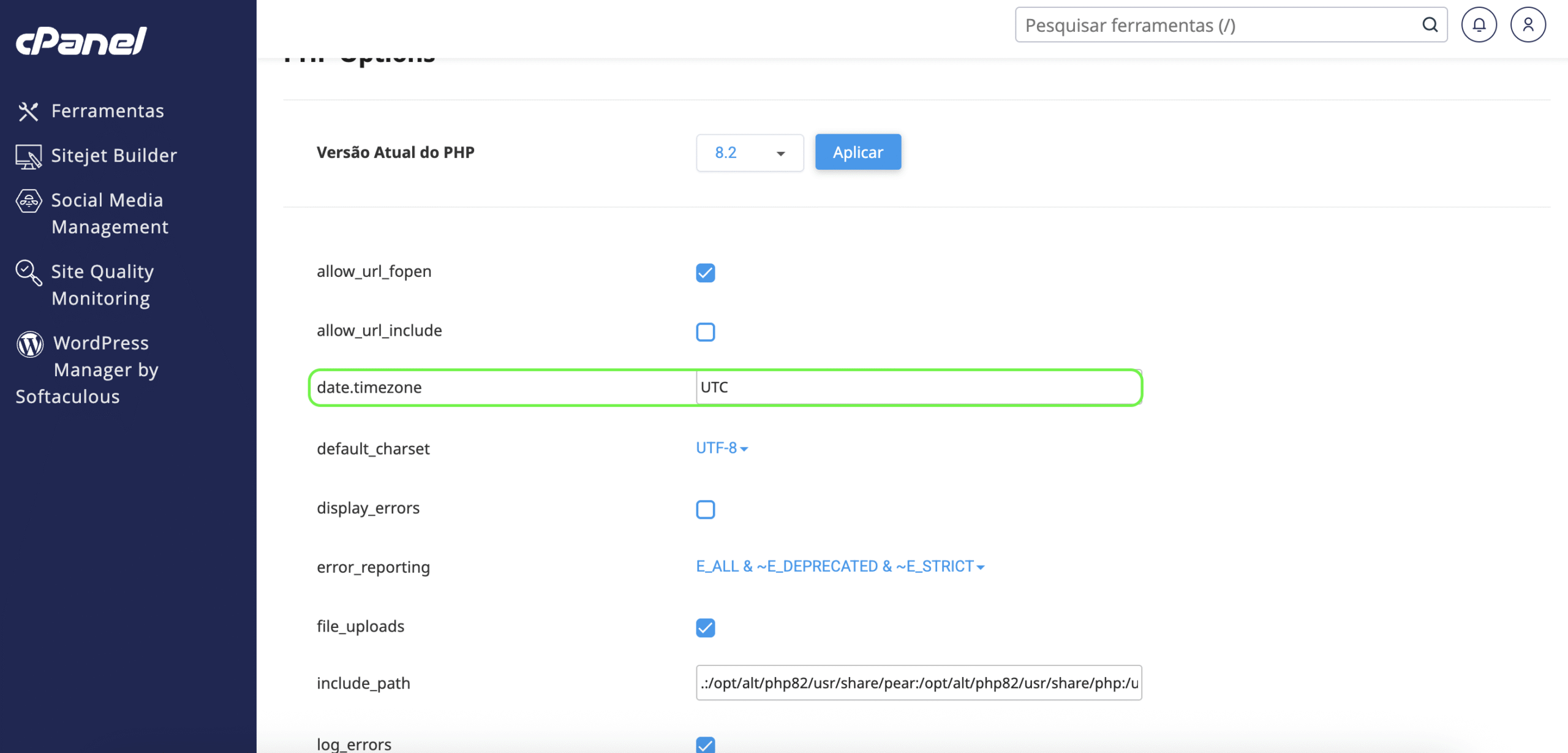 Representação de um exemplo da configuração do "date.timezone"