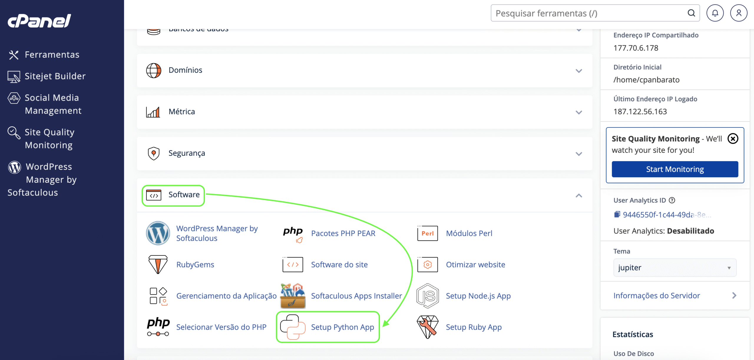 Representação da localização da opção "Setup Python App"
