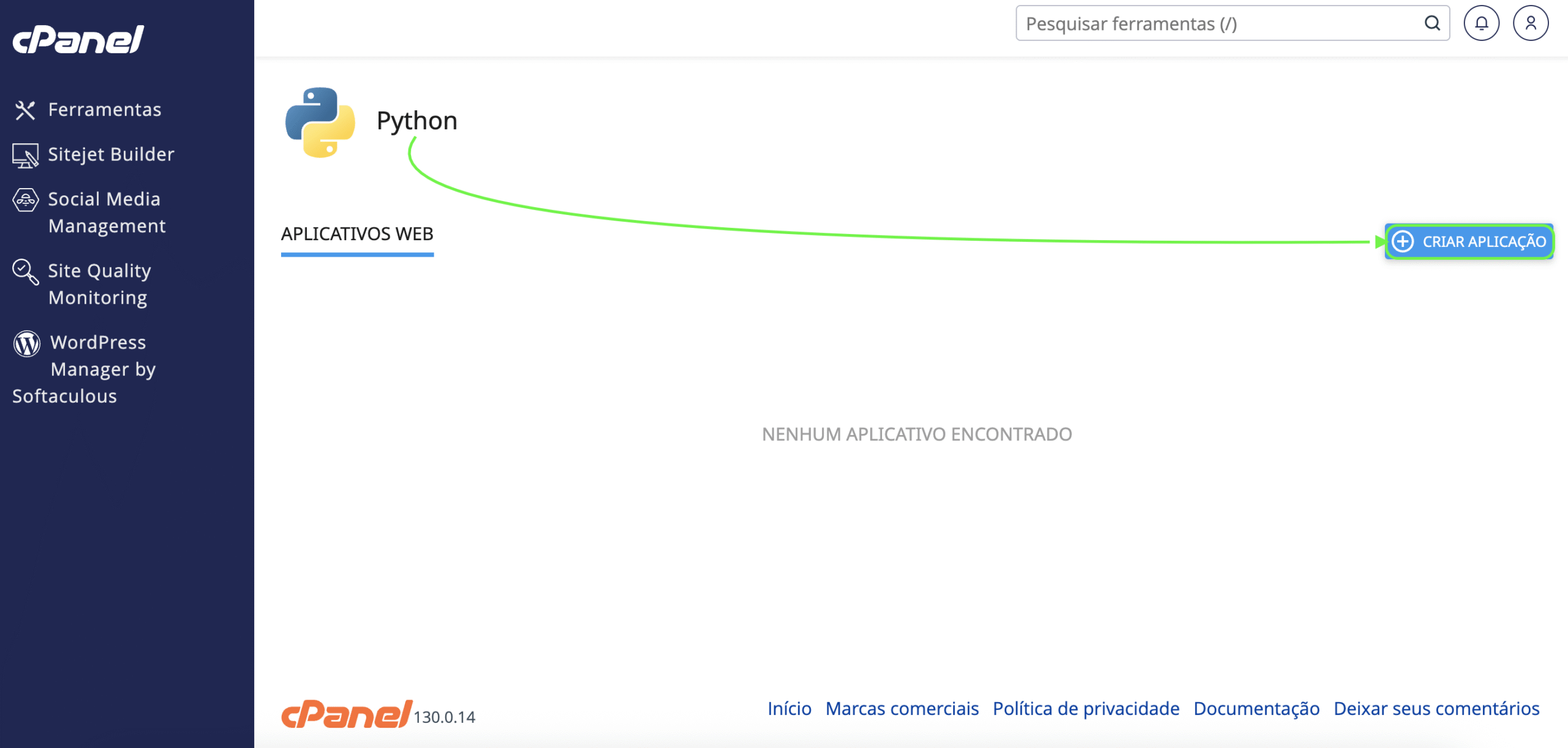 Representação da localização do botão "Criar aplicação"