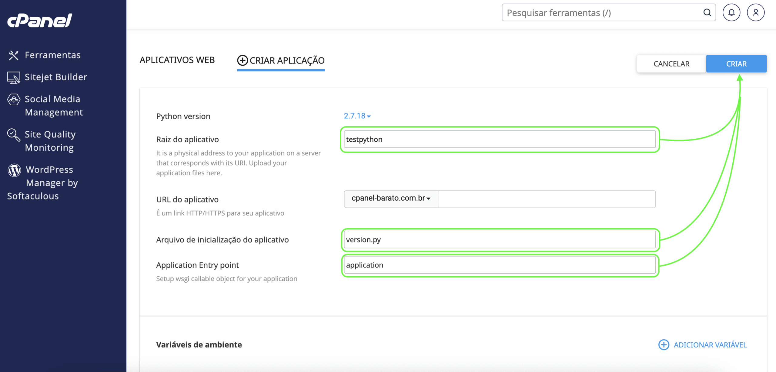 Representação do preenchimento dos campos e da localização do botão "Criar"