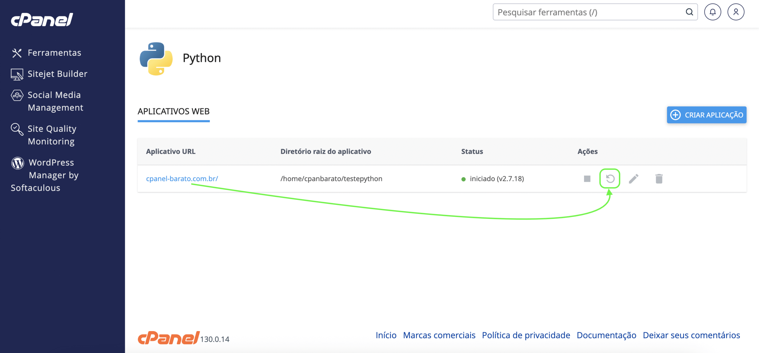 Representação da localização do botão "Reiniciar aplicação"